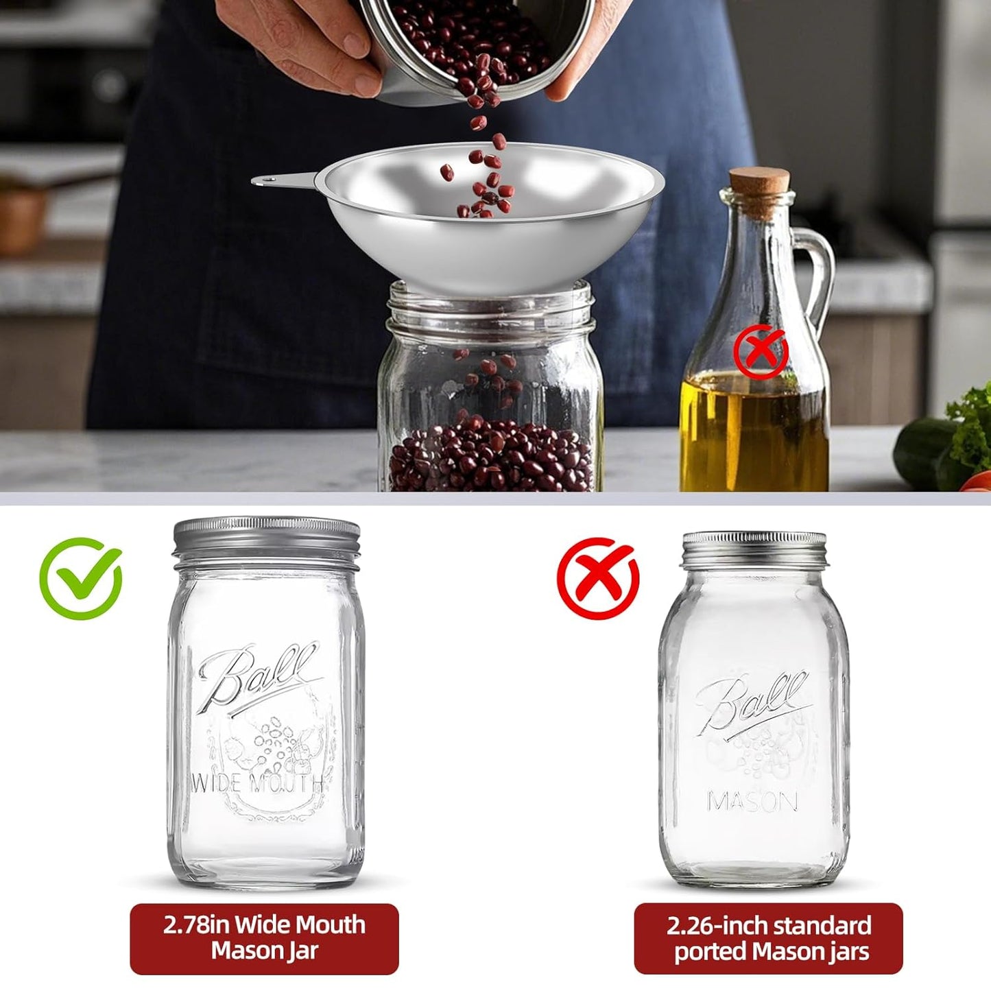 Stainless Steel Metal Canning Funnel with Removable Strainer - for Jams, Pickles and Home Preserving, Dishwasher Safe Kitchen Tool (2.78 Inch Wide Mouth Bore for Wide Mouth Mason Jars)