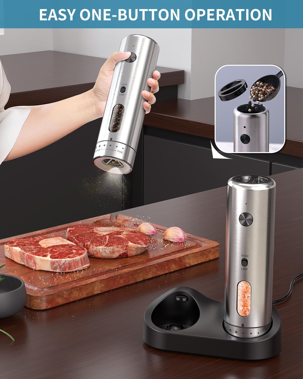 CIRCLE JOY Electric Salt and Pepper Grinder Set with Rechargeable Base Upgraded Stainless Steel Automatic Salt and Pepper Shakers with 2 Grinding Speeds, External Adjustment and 176ml Capacity, Silver