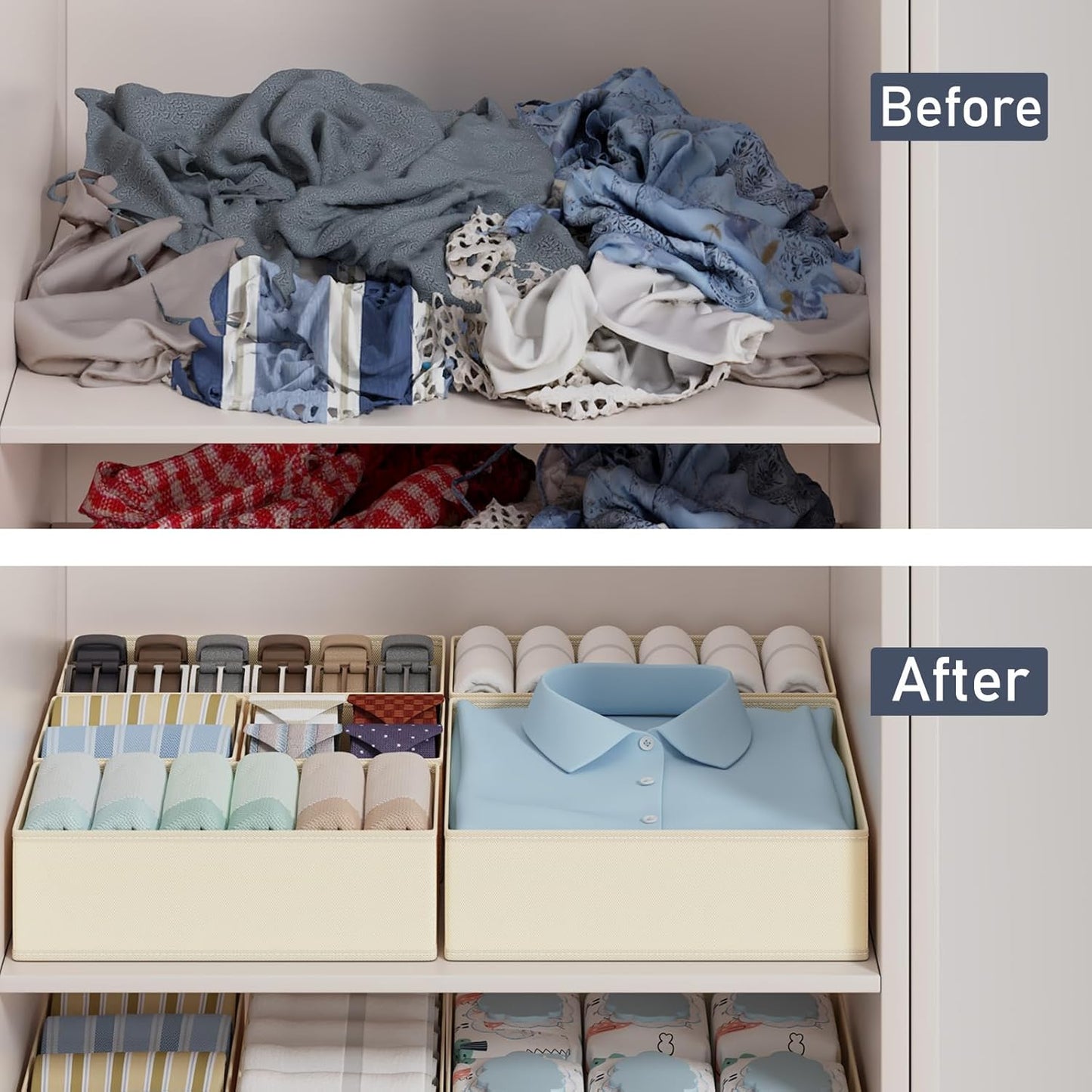 DIMJ Drawer Organizer Clothes, 20 Pack Dresser Organizer, Foldable Closet Organizers and Storage, Fabric Dresser Bins, Drawer Dividers for Nursery, Baby Clothes, Underwears, Sock (Beige)