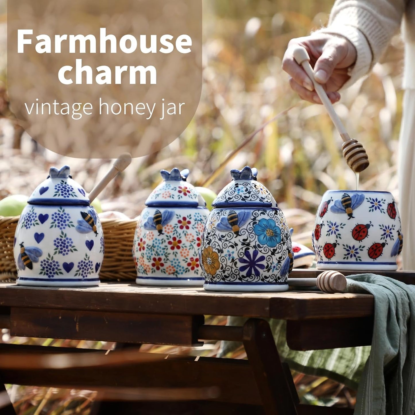 ZOOBEE Ceramic Honey Jar with Dipper and Lid,10oz Honey Pot with Embossed Bees, Handpainted Honey Container for Home Kitchen Decor, Dishwasher Safe- Summernight Ladybug