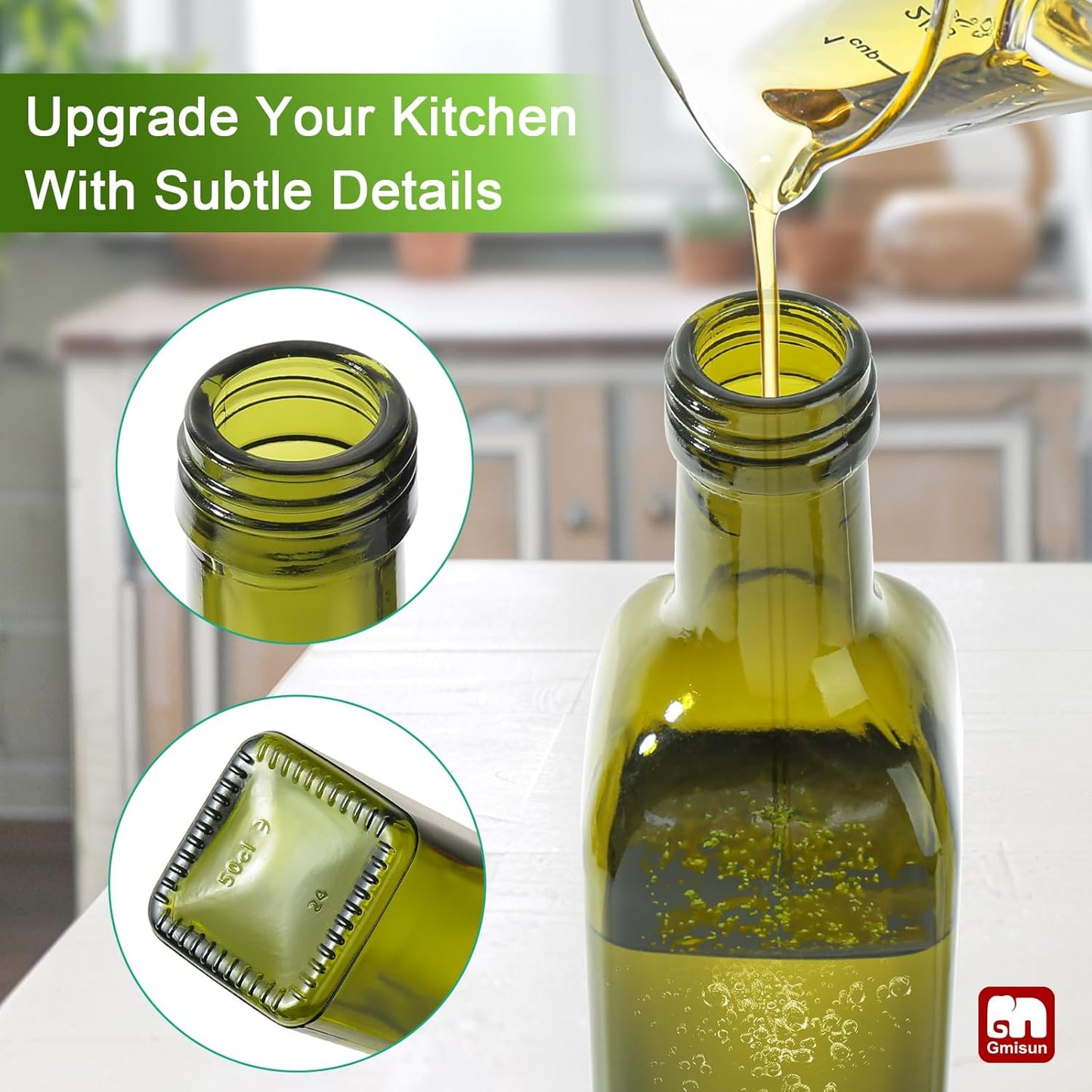 GMISUN Olive Oil Dispenser Bottle 4 Pack, Olive Oil Dispenser for Kitchen 17oz, Glass Cooking Soy Sauce Bottle Container Cruet with Plastic Pourer Spout, Green