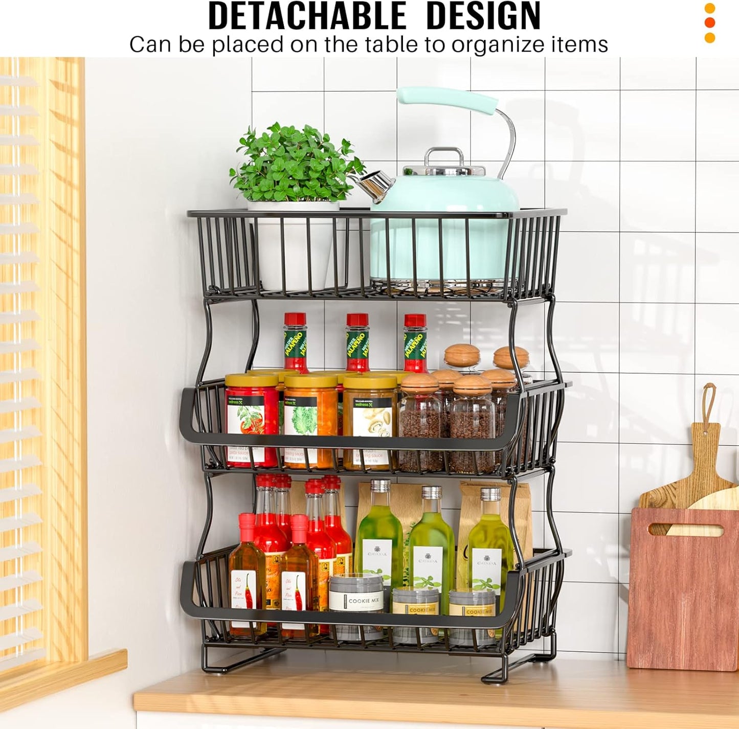 3-Tier Rolling Pantry Organizers and Storage Cart with Wheels – Stackable Wire Snack Cart for Kitchen, Pantry Shelves and Storage Rack for Fruit, Vegetables, Onion, Potato, 1 Pcs