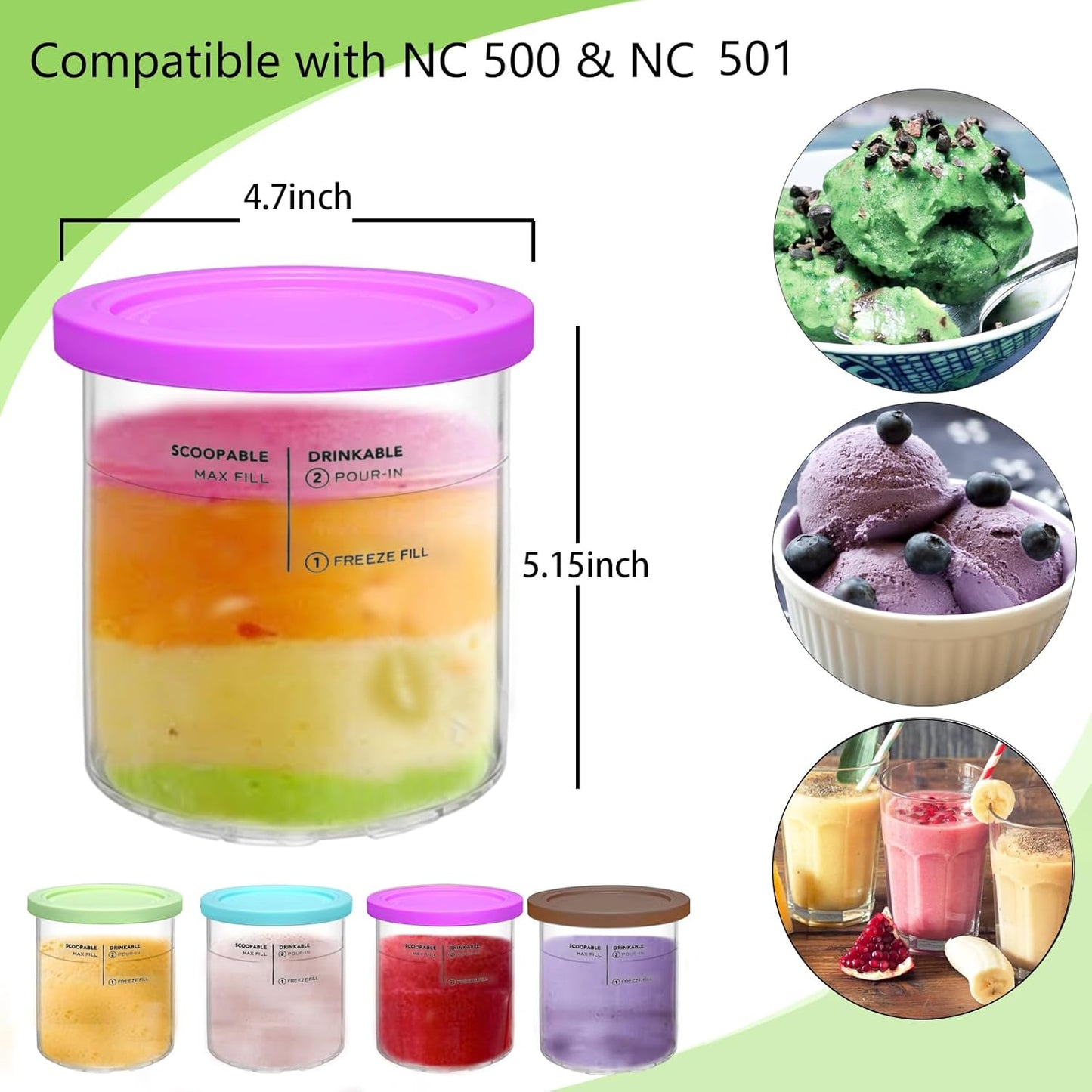Replacement for Creami Deluxe Pints and Lids 4 Pack,Compatible with Ninja Creami 11-in-1 NC501 NC500 Series Deluxe Ice Cream Maker,24oz Deluxe XL Cups(Purple,Blue,Brown,Green)