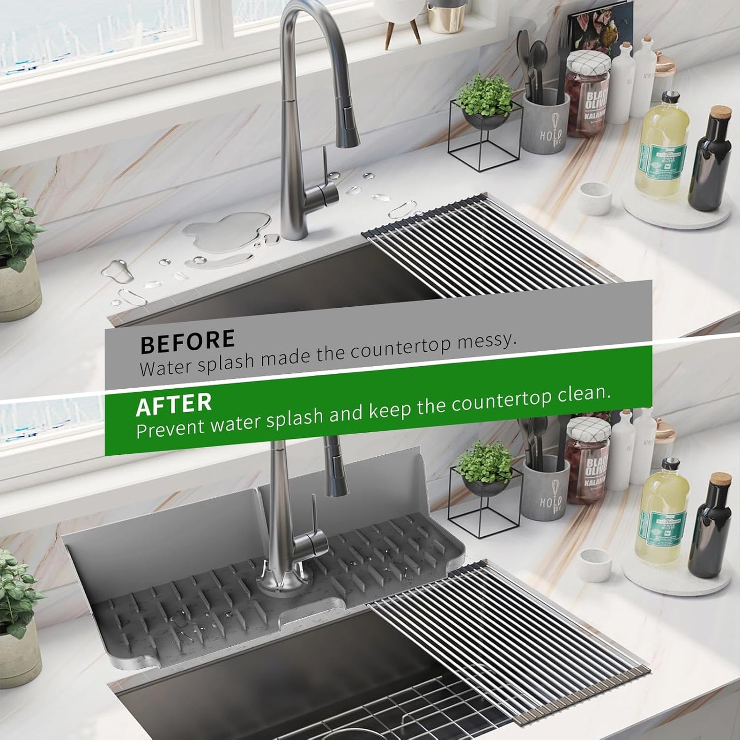 LVJING 17” x 5.5” Silicone Faucet Handle Drip Catcher Tray Mat, Silicone Faucet Mat Dish Soap Sponge Holder for Kitchen Sink, Drying Mat for Kitchen Counter Bathroom Kitchen Sink Splash Guard - Grey