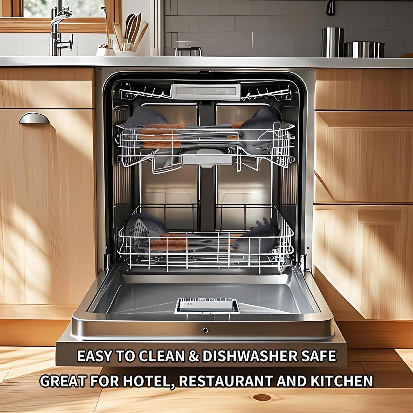 Stainless Steel Kitchen Utensils Set with Wood Handle, 18/10 Metal Cooking Utensils Set, 10-Piece - Spatula, Spoon, Ladle, Skimmer, Slotted Turners, Pasta Server, Fork, Masher(Dishwasher Safe)