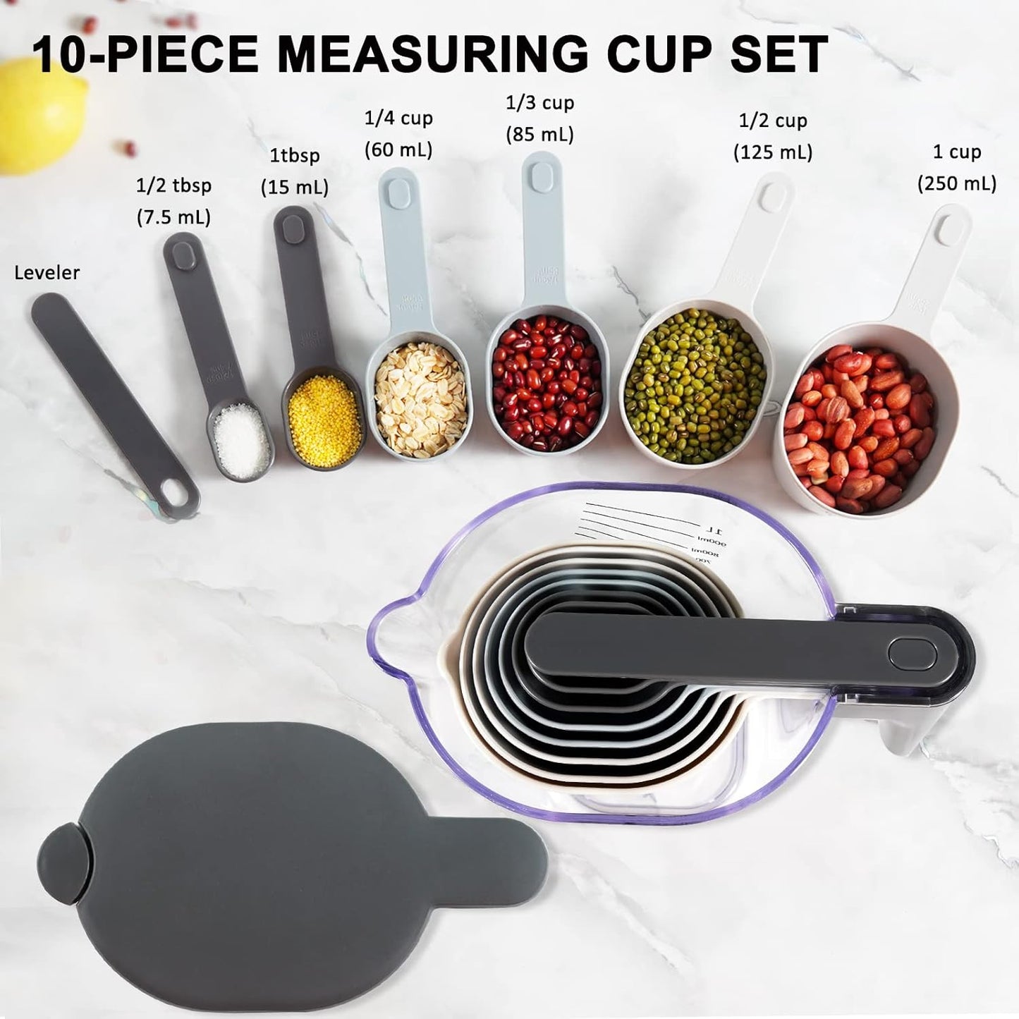 15 Pieces Measuring Cups and Spoons set, Includes 10 Stackable Measuring Cup with Lid and 5 Mini Stainless Steel Measuring Spoons, Teaspoons for Liquid and Dry, BPA Free, Dishwasher Safe