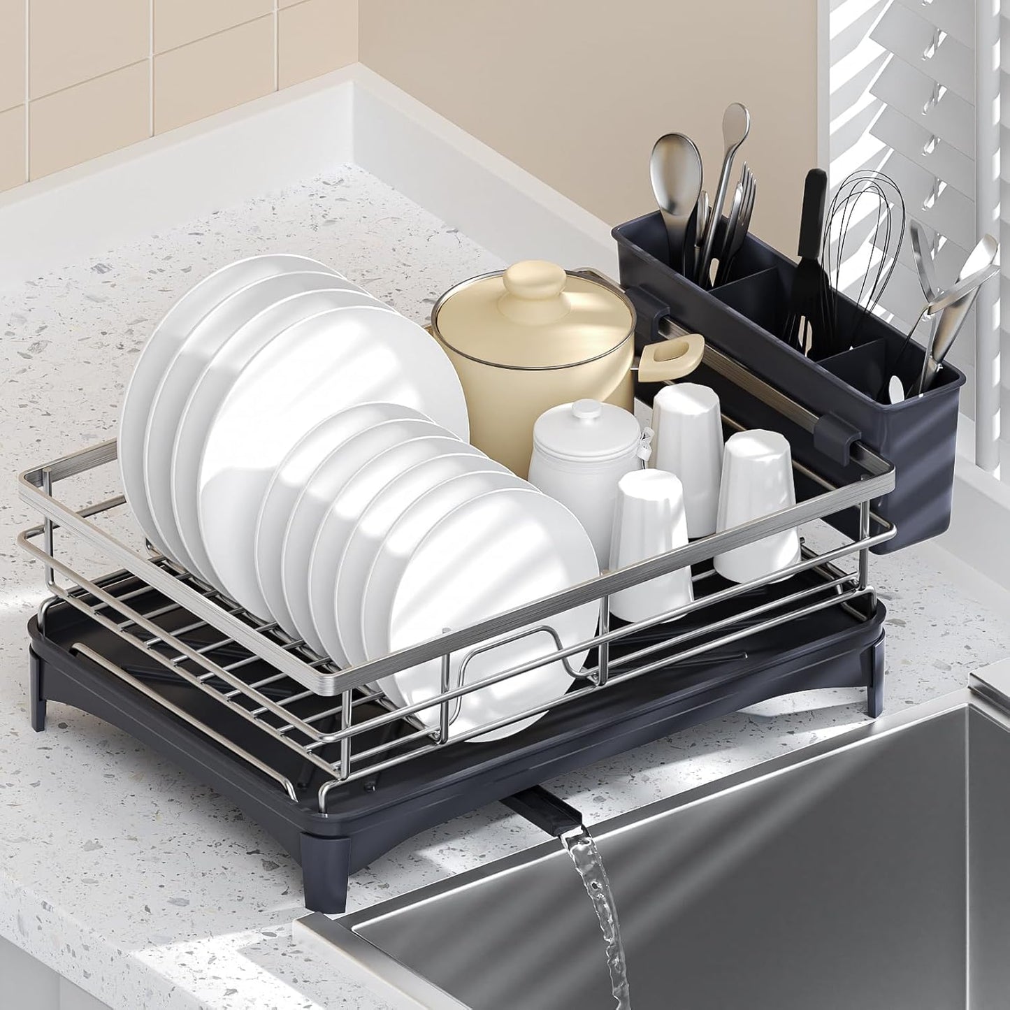 Dish Drying Rack,Rustproof Stainless Steel Dish Rack for Kitchen Counter,Dish Drainer with Cutlery Holder and Removable Drainboard,16.5" D x 11.8" W x 6.29" H