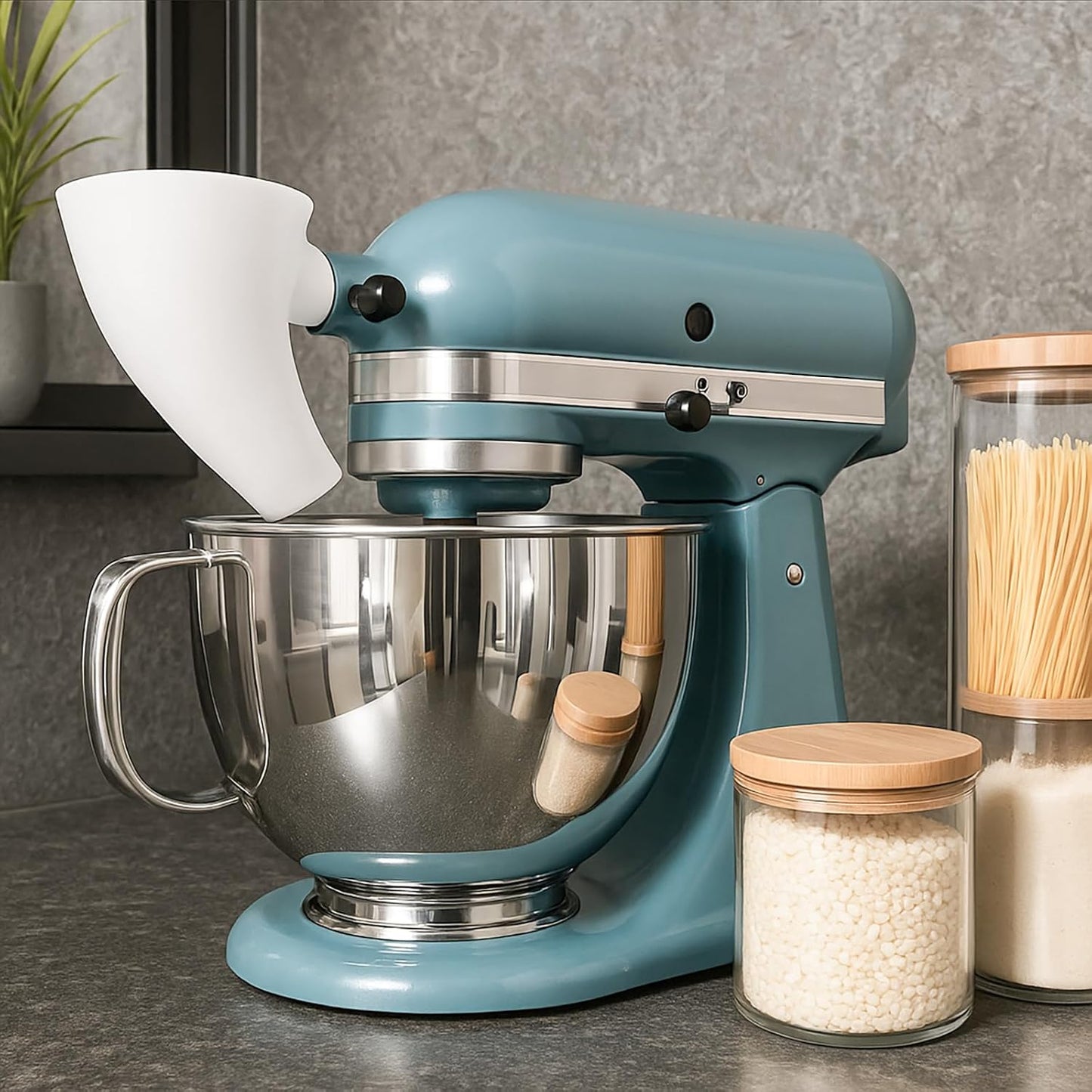 Flour Funnel for Kitchen Aid Stand Mixer, Plastic Funnel with Easy-Pour Attachment Fits KSM150 5-Quart Tilt-Head Mixers, Mess-Free Baking Accessory for Flour, Sugar, and Egg Liquid (PURPLE1PCS)