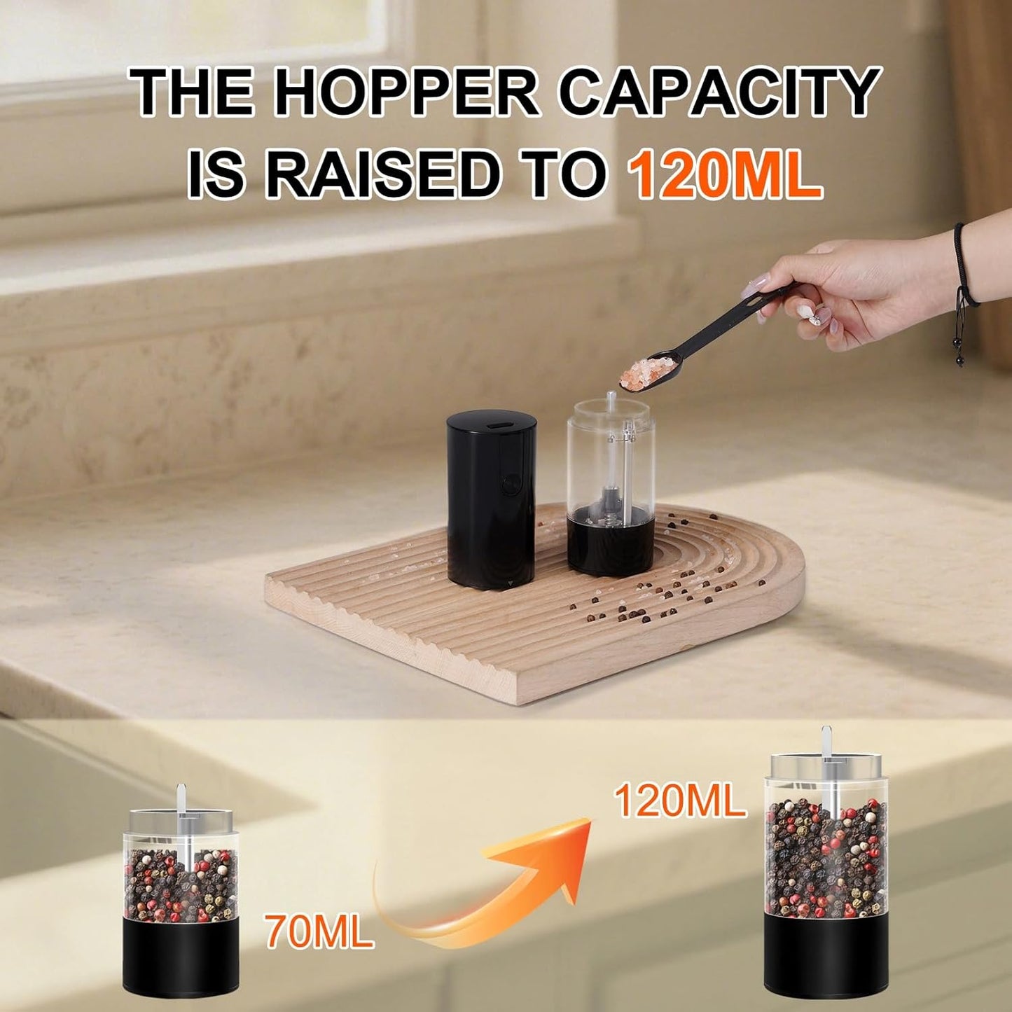 Fresh World 2Pack Electric Salt and Pepper Grinder Set Rechargeable with LED Light, Adjustable Coarseness Large Capacity Automatic Salt Pepper Mill Grinder for Kitchen, Restaurant, Outdoor, Black