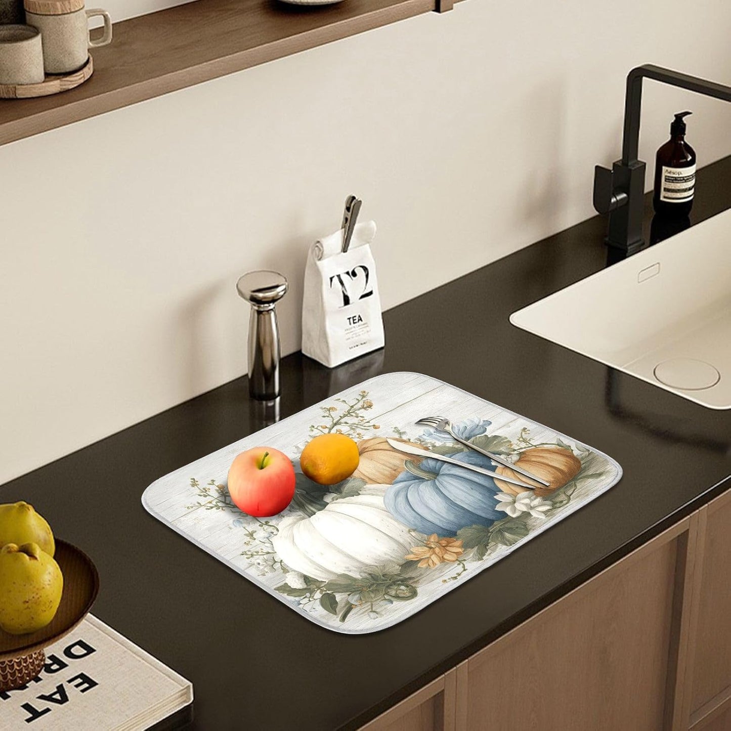 Fall Blue Orange Grey Pumpkin Thanksgiving Dish Drying Mat for Kitchen Counter Absorbent Microfiber Small Drying Pad Dish mats for Kitchen Countertops 16 x 18 Inch