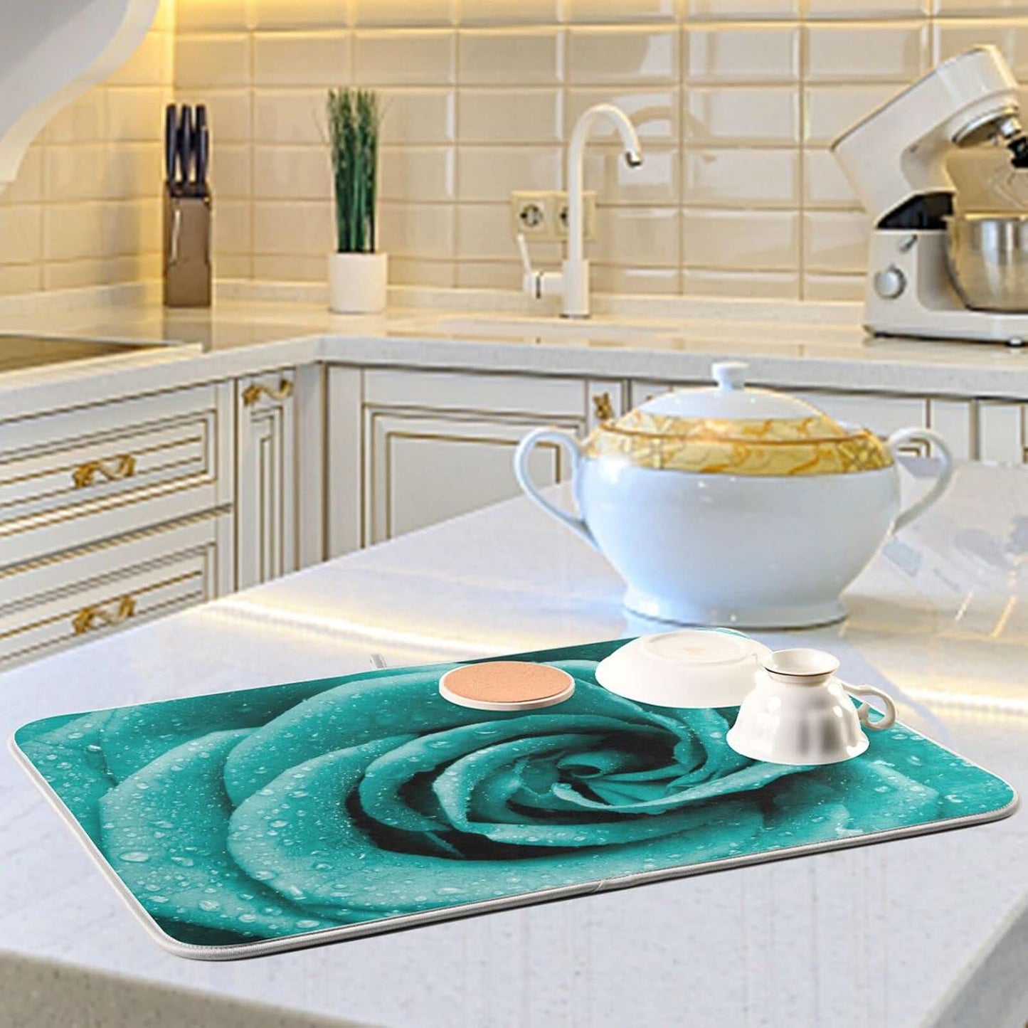 Super Absorbent Dish Drying Mat, Microfiber Fast-Drying Dish Mat, 16" x 18", Kitchen Dish Drying Pad Hipster Turquoise Rose Petals