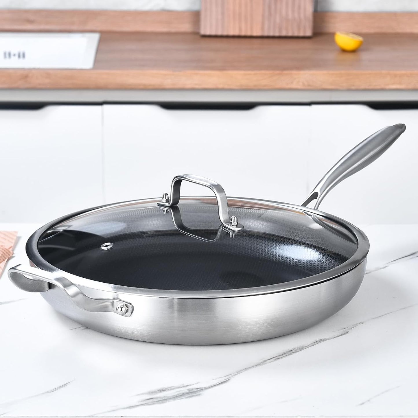 Inqibee 14-Inch Tri-Ply Hybrid Ceramic Non stick Stainless Steel Frying Pan with Lid,Large Skillet,Induction Chef's Cooking Pan,Dishwasher and Oven Safe,Detachable Handle