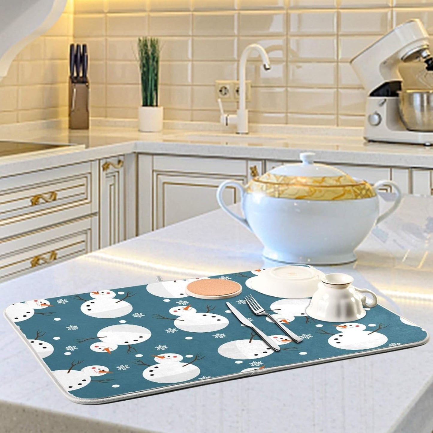 Super Absorbent Dish Drying Mat, Microfiber 23 Fast-Drying Dish Mat, 24" x 18", Kitchen Dish Drying Pad, Snowman Snowflake Cute Christmas Holidays…