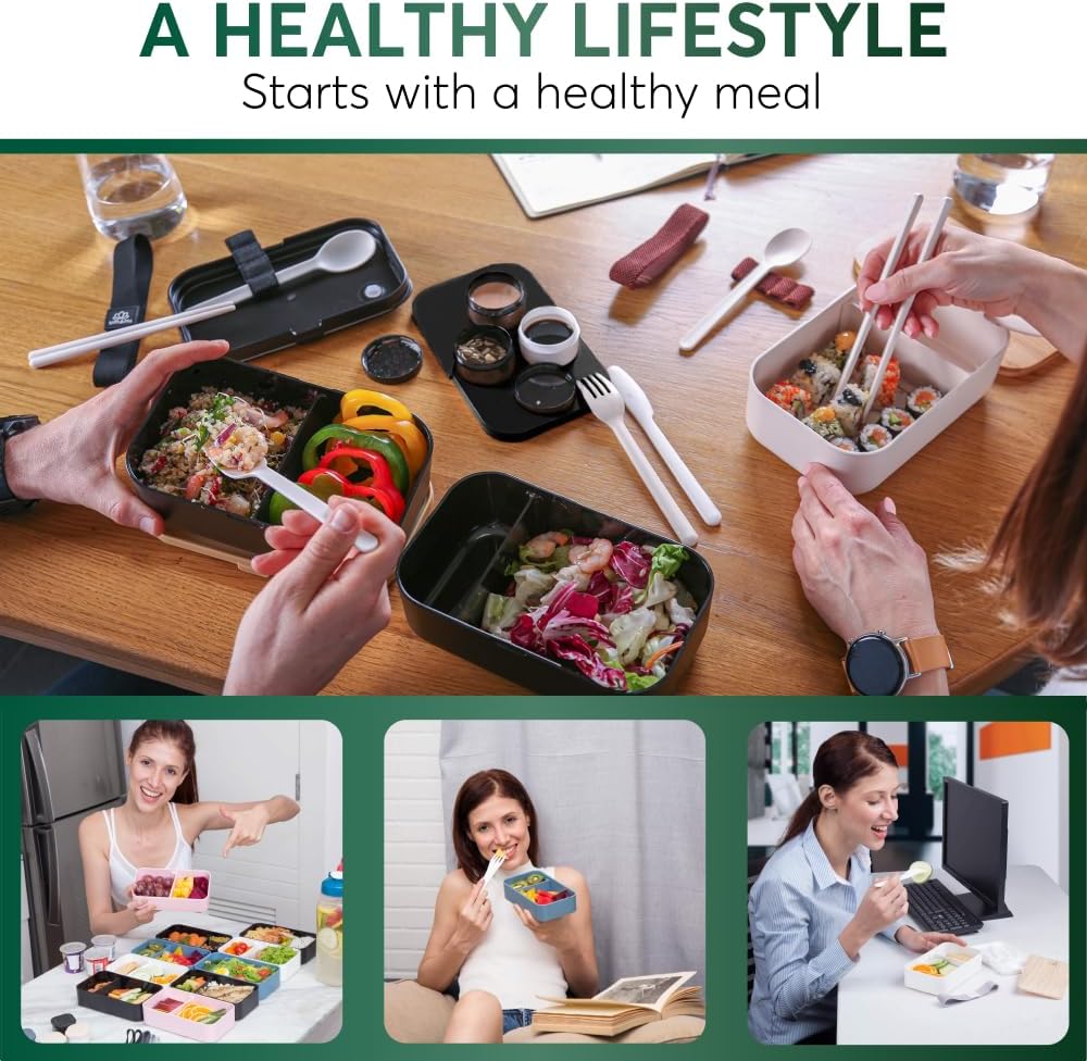 Umami Bento Box Adult All-In-1 w/4 Utensils, 2 Sauce Jars, 2 Dividers, 100% Leakproof, Microwave & Dishwasher Safe, Stackable Lunch Containers for Men/Women, Matte Black & Marble, 68 oz