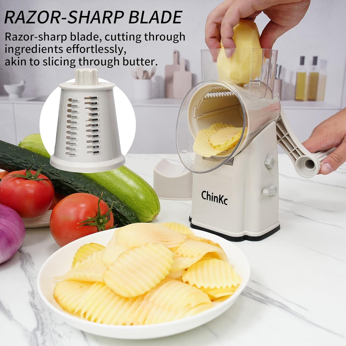 Rotary Cheese Grater Shredder - Upgraded 5 in 1 Cheese Grater with Handle and Strong Suction Base, Multi-purpose Julienne Slicer Ice Shaver Nuts Grinder for Ice, Vegetables, Fruit, Nuts