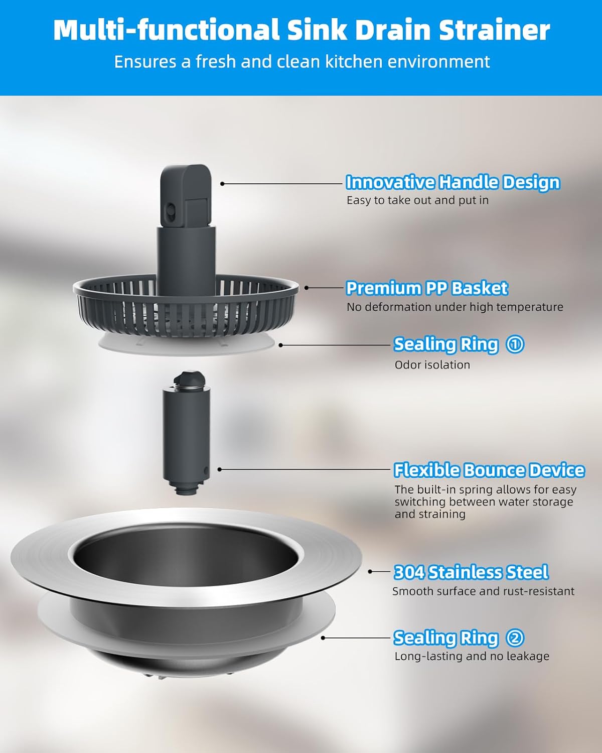 Hibbent 2 Pack 3 in 1 Kitchen Sink Drain Strainer and Stopper Combo, Stainless Steel Metal Pop Up Sink Stopper with Foldable Handle, 6 Anti-Clogging Baskets, Fit for US Standard 3-1/2 Inch Drain