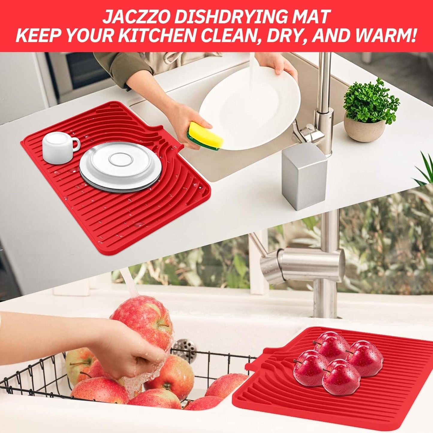 Silicone Dish Drying Mat for Kitchen Counter with Built-in Drain, Easy Clean Pad for Countertop Protection, Fast Self-Draining Slope, Non-Slip, Multiple Use 17.7 x 11.8 Inch ( Red)