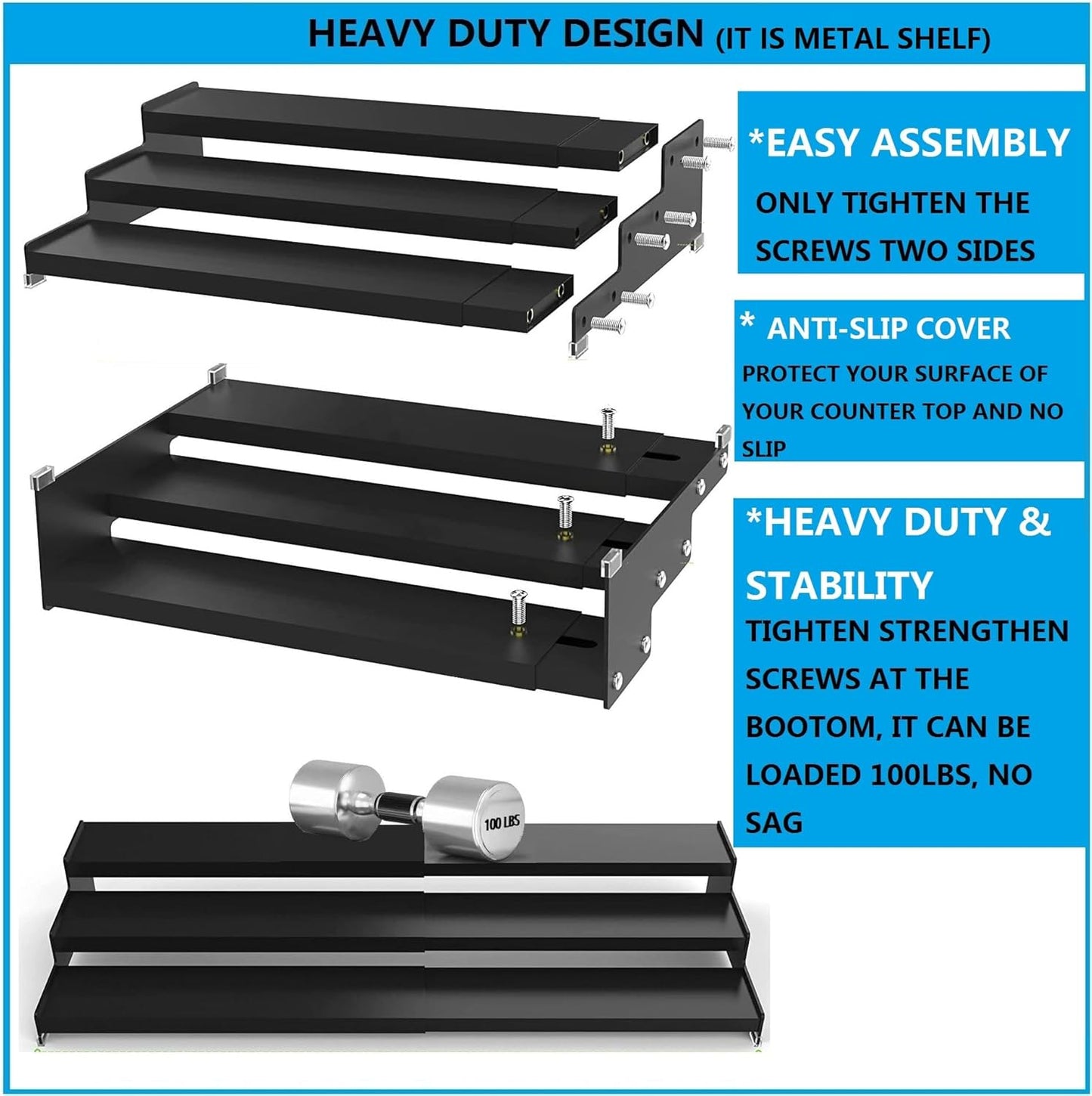 Expandable Spice Rack Storage organizer with 3-Tier step shelf for cabinet,seasoning racks organizion.Great for Kitchen countertop shelves,Pantry and more (1pack/Black)