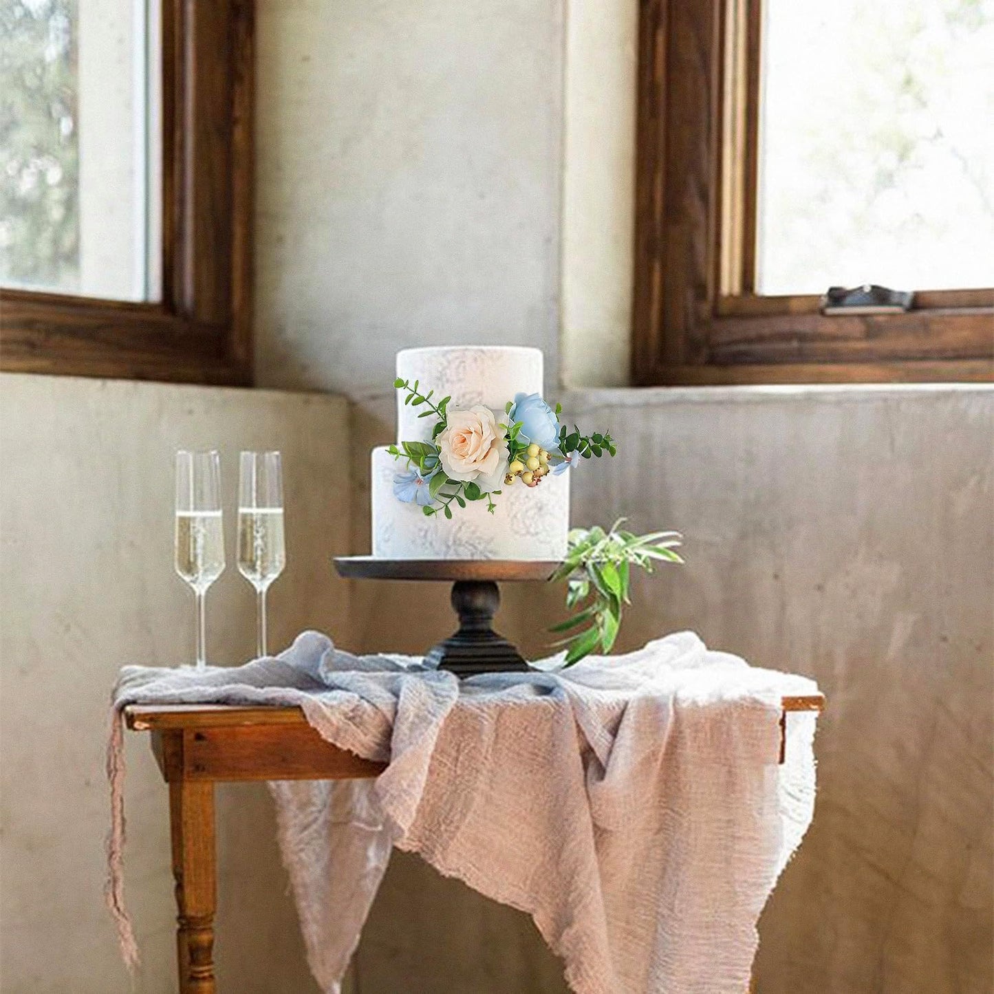 Rinlong 3Pcs Baby Blue Pink Cake Topper Pre-made Cake Decorations Pastel Blush Wedding Cake Decorating Flowers Cake Decor for Baptism Girl Women Birthday Party