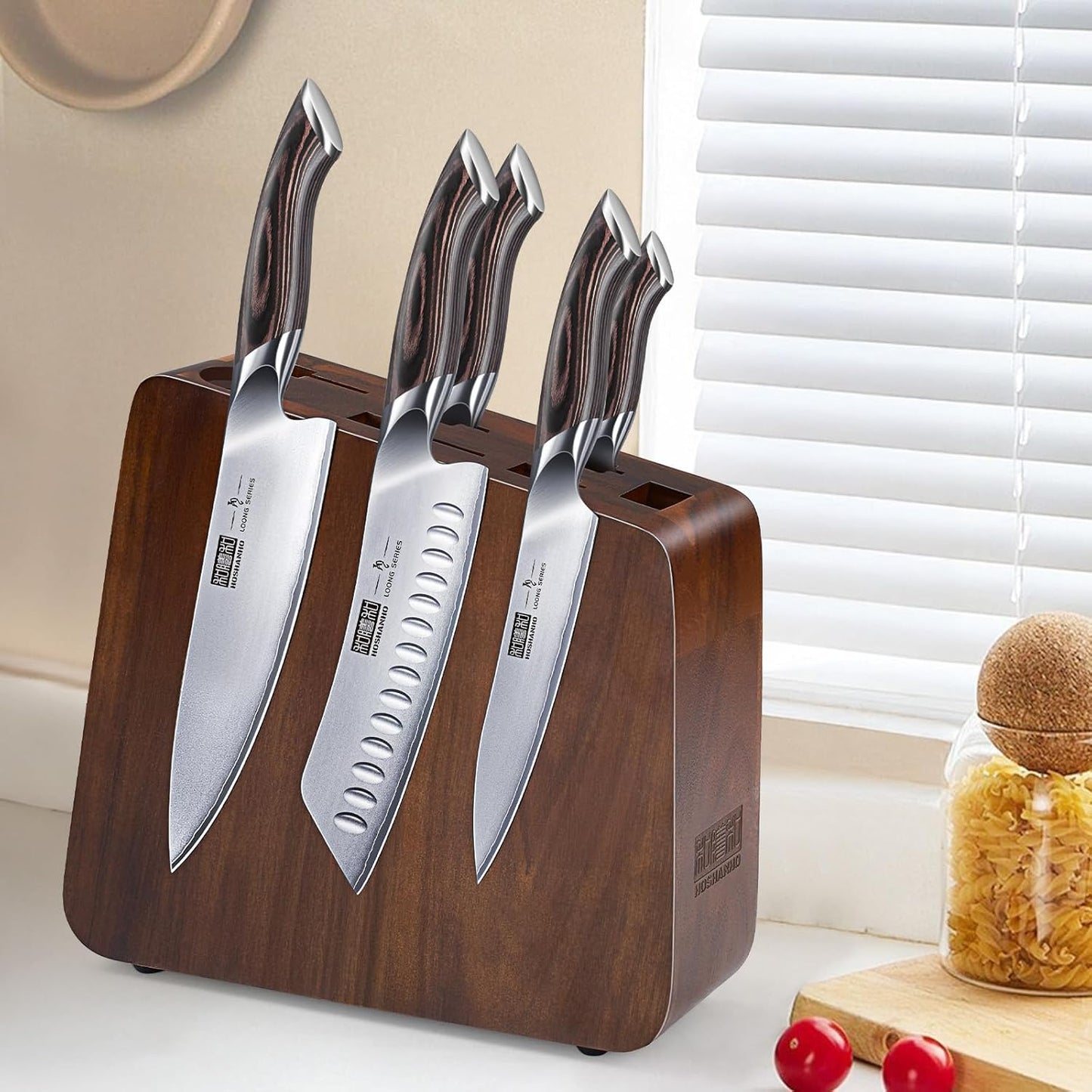 Magnetic Knife Block 10 x 9 Inches, Double Sided Magnetic Knife Holder and Kitchen Knife Organizer Storage, 7 Slots Acacia Wood Universal Knife Block for Chefs