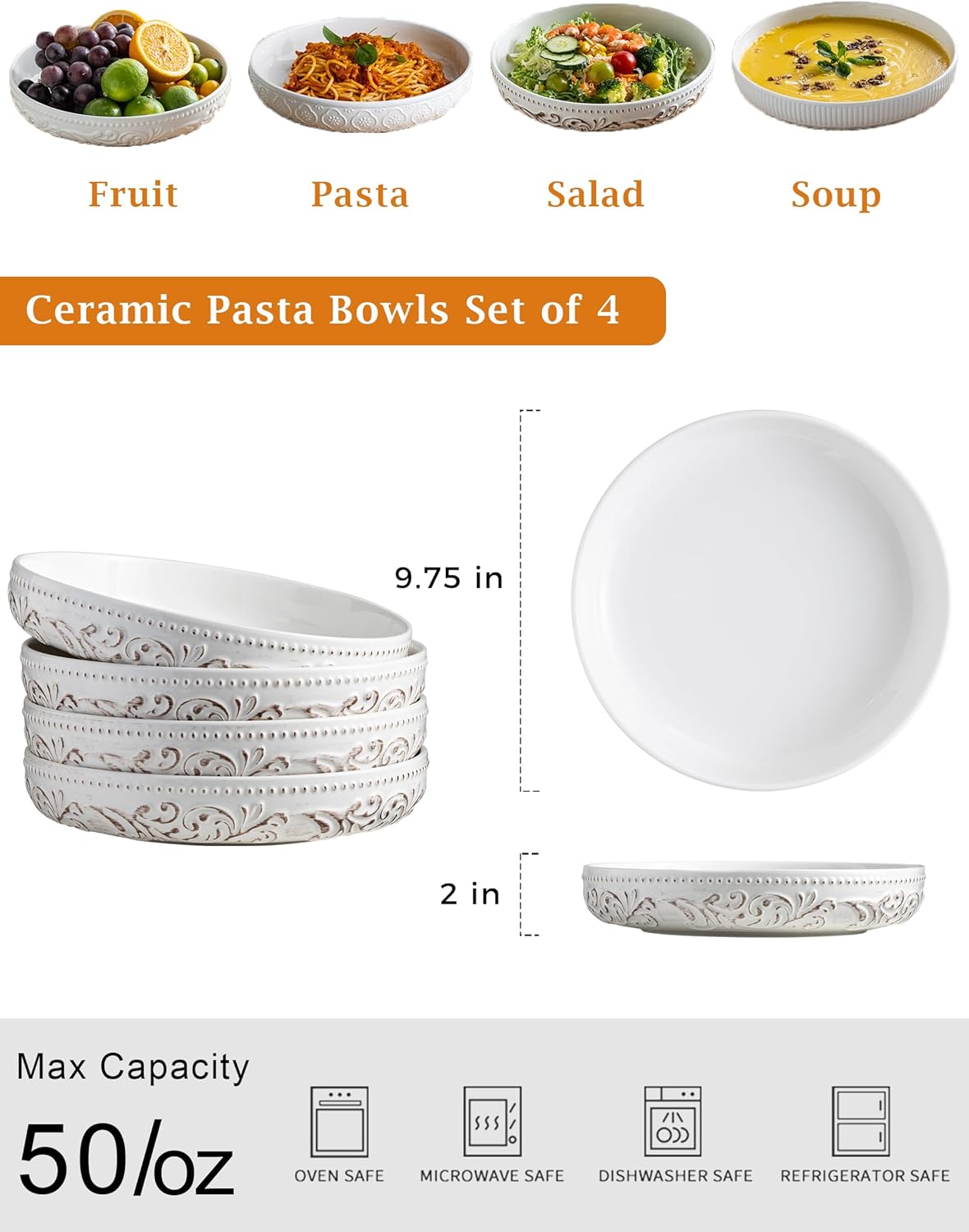 YHOSSEUN 9.75" Large Pasta Bowls, 50 OZ Salad Bowl Ceramic Serving Bowls Set of 4, Wide and Shallow Kitchen Bowl Plates Pasta Plates, Antique Morning Glory