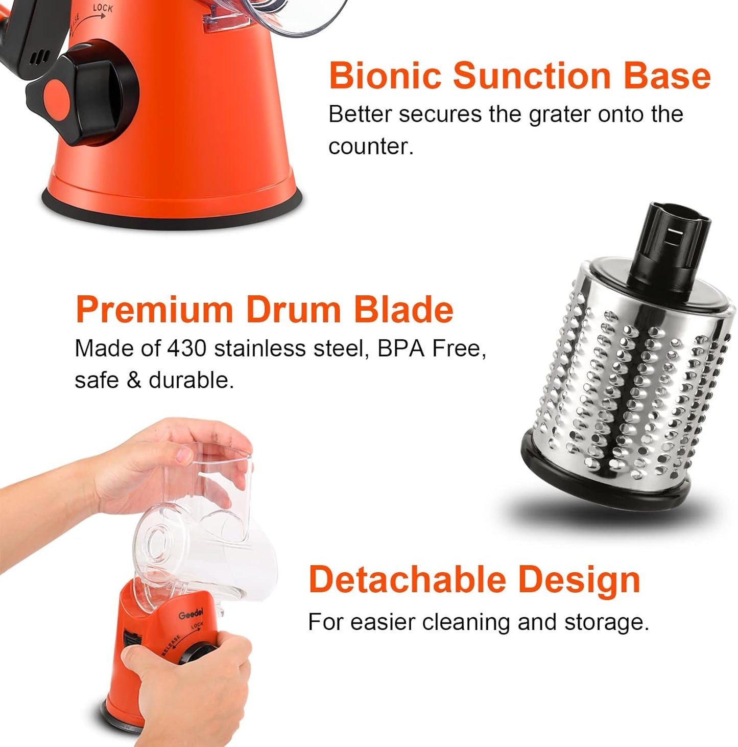 Geedel Rotary Cheese Grater, Kitchen Mandoline Vegetable Slicer with 3 Interchangeable Blades, Easy to Clean Rotary Grater Slicer for Fruit, Vegetables, Nuts