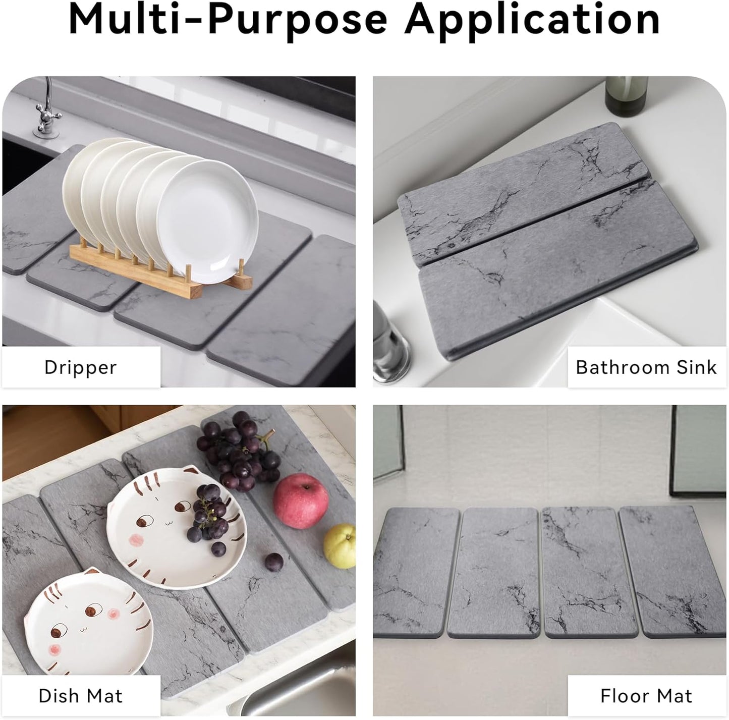 Large Stone Dish Drying Mat, Foldable Stone Drying Mat, 24" x 16" Diatomaceous Earth Drying Mat for Kitchen Counter, Super Absorbent Fast Dry Mat, Drying Board Diatomaceous for Kitchen, Marble Gray