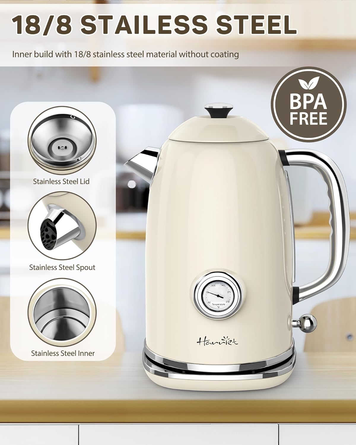 Harriet Electric Kettle, 1.8L Retro Electric Tea Kettle with Thermometer, 1500W Stainless Steel Hot Water Kettle Electric with LED Indicator, Fast Boiling, Cordless, Auto Shut-Off, Beige White