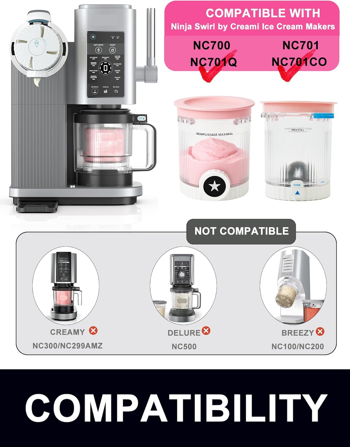 1 Pack Pint Container Replacement for Ninja Creami Swirl NC700/NC701 Series, 16oz BPA-Free Ice Cream Pints with Lids, Leak-Proof & Dishwasher Safe (Pink)