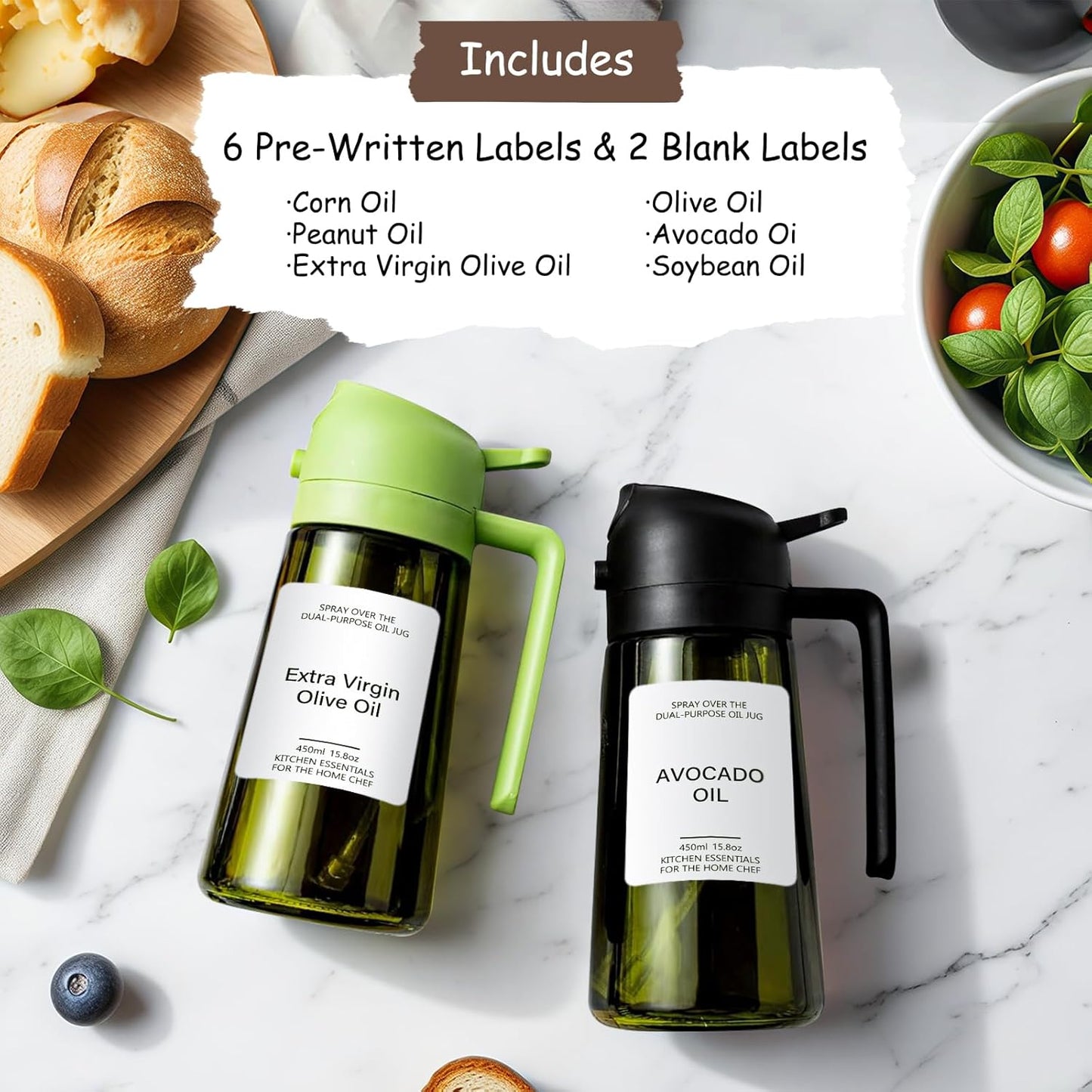 Oil Sprayer for Cooking, Kitchen Goddess 2 in 1 Spray and Pour Olive Oil Dispenser 16oz 450ml Glass Oil Spray Bottle, Mist Olive Oil Dispensing, Air Fryer, Dark Green (black)