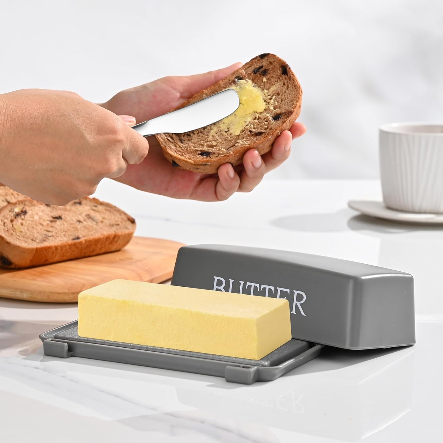 Butter Holder With Cover And Knife,Food Grade Plastic Butter Dishes With Lid And Spreader,Grey Cheese Storage Container For Countertop