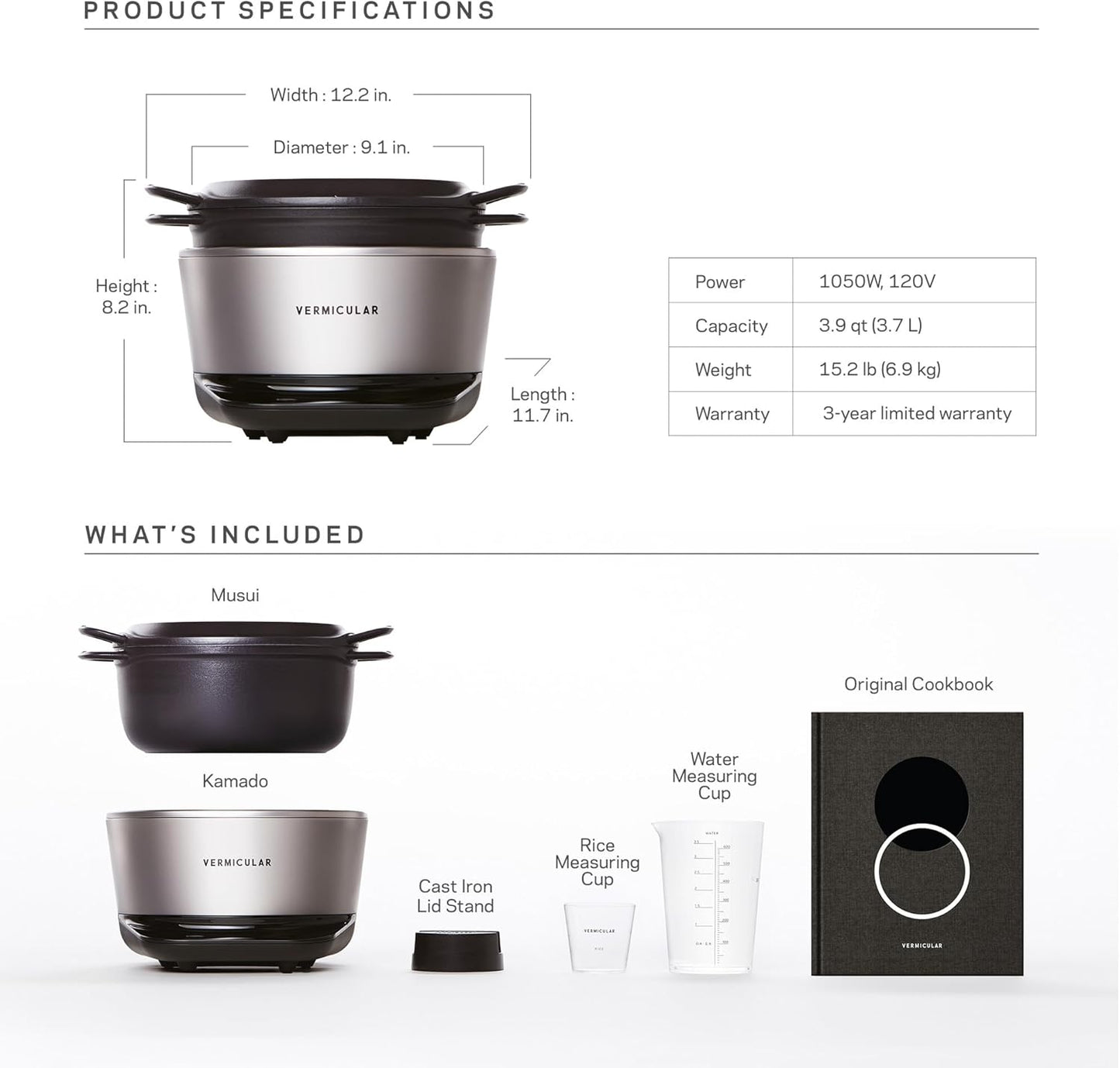 Vermicular Musui–Kamado (RICEPOT) | Cast Iron Induction Cooker | Precision Multicooker | Japanese Rice Cooker | Slow Cooker | Non-Toxic Enameled Cast Iron Pot | Sea Salt | US Model (120V)