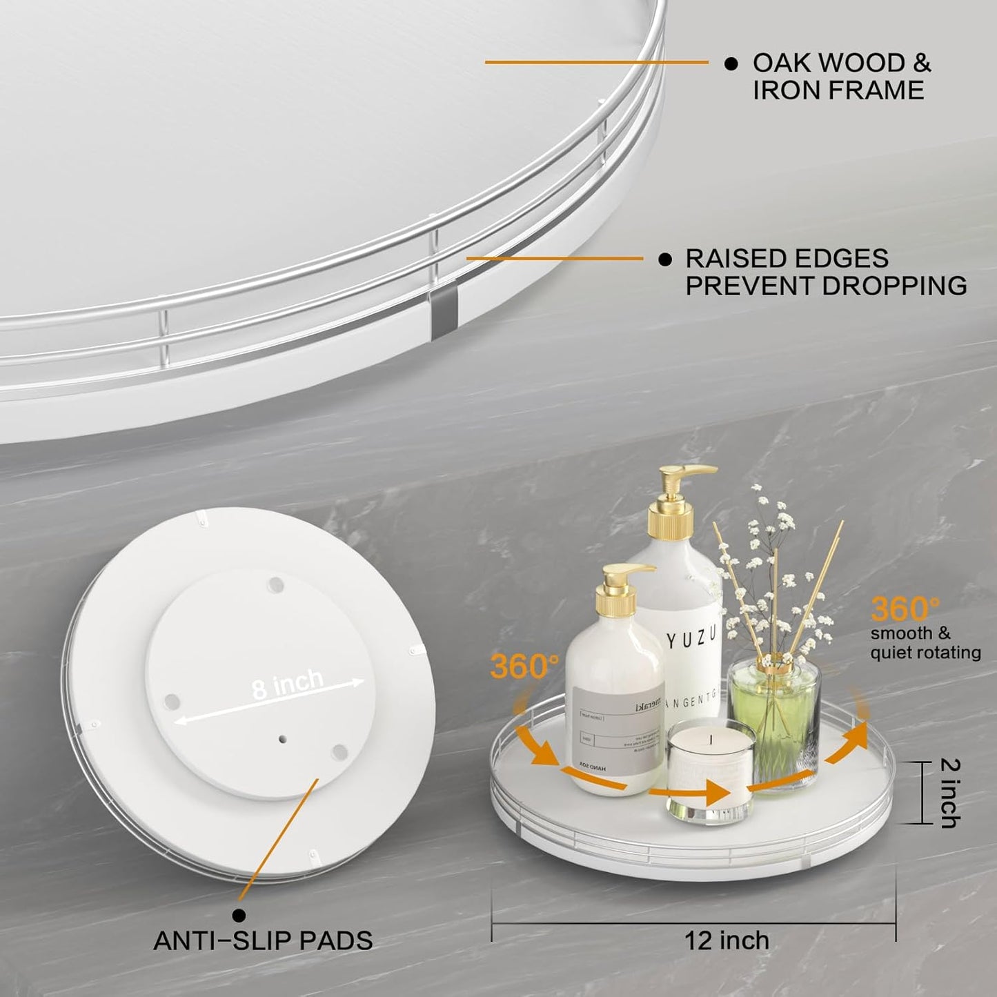 12" Oak Wood Lazy Susan Organizer, Lazy Susan for Cabinet Dining Table Pantry Wood Turntable Organizer Tray for Coffee Table Kitchen Countertop Salt Spice Can Organization and Storage Round Silver