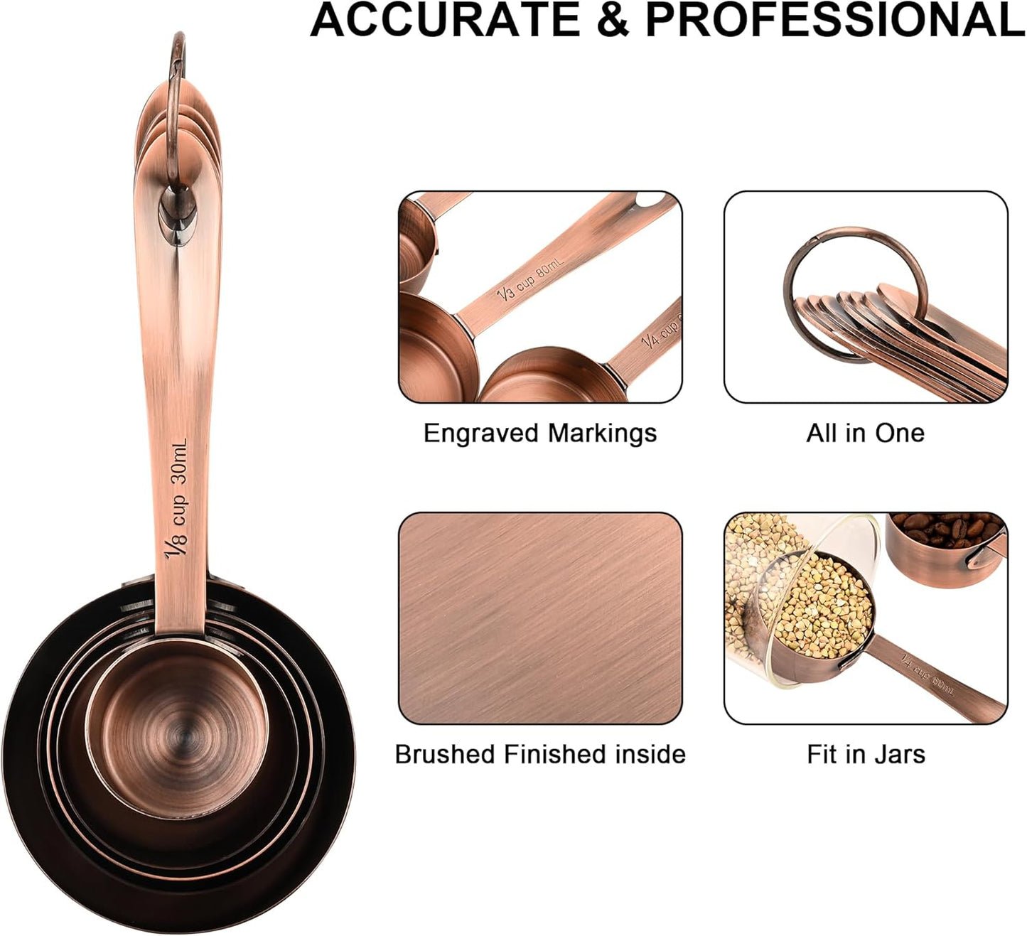 Copper Measuring Cups and Spoons Set, Stainless Steel Measuring Cups and Spoons Set, 5 Metal Measuring cups & 6 Baking Measuring Spoons, Imperial & Metric Measuring Tools Set 11