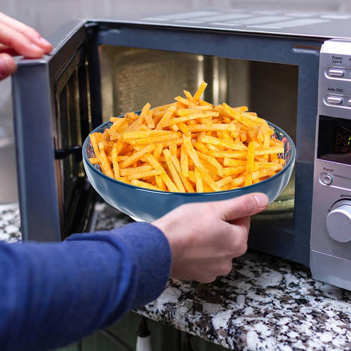 75 Oz Serving Bowls,Bohemian Style Large Porcelain Dishes for Entertaining Parties,Big Bowls for Eating Soup, Salad, Pasta, Fruit, Chips, 10.3 Inch Diameter (blue)