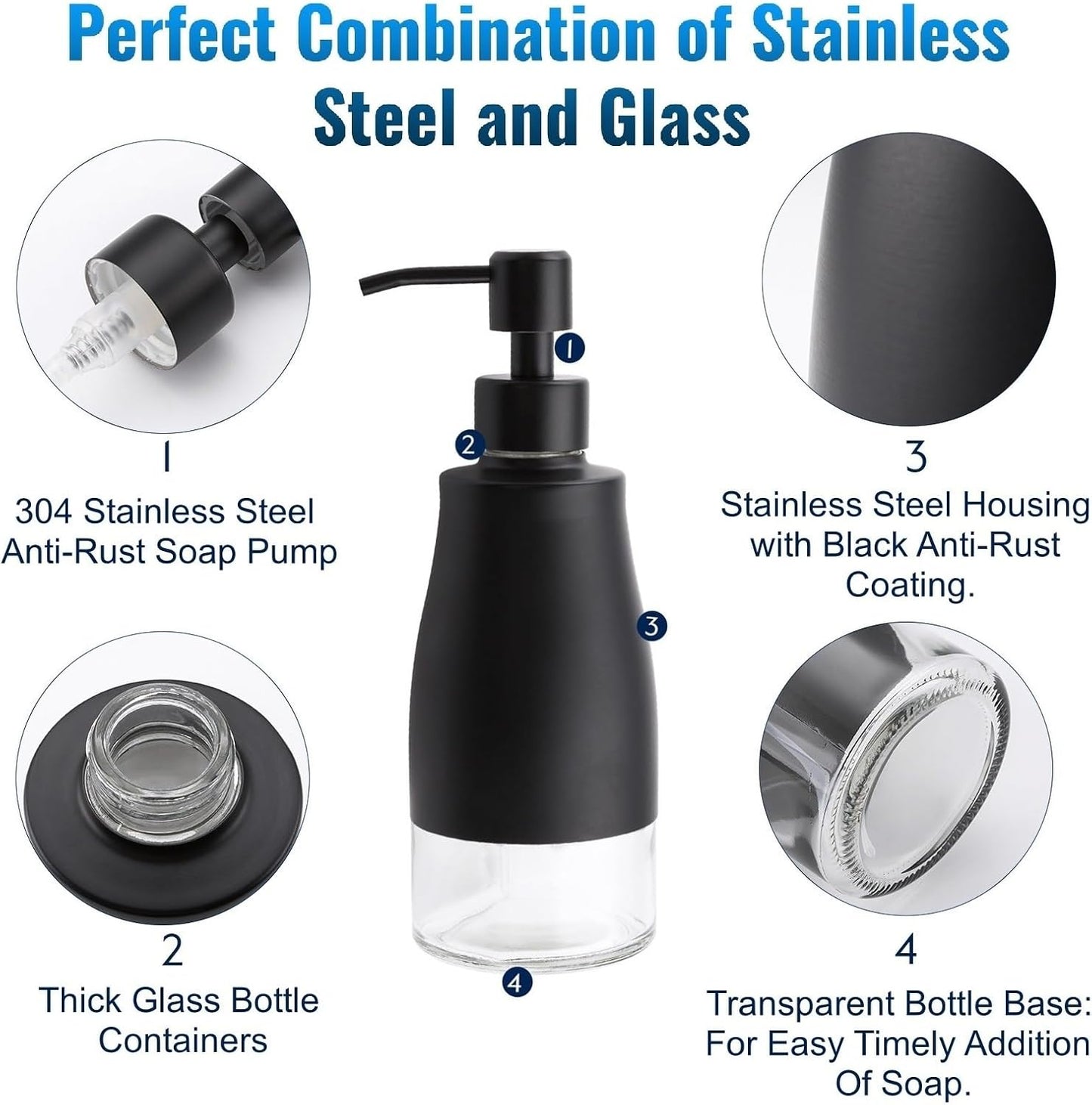 Black Soap Dispenser with Coaster and Stickers, Dish Soap Dispenser for Kitchen, Hand Soap Dispenser for Bathroom, 304 Stainless Steel Glass Lotion Dispenser (2 Pack)