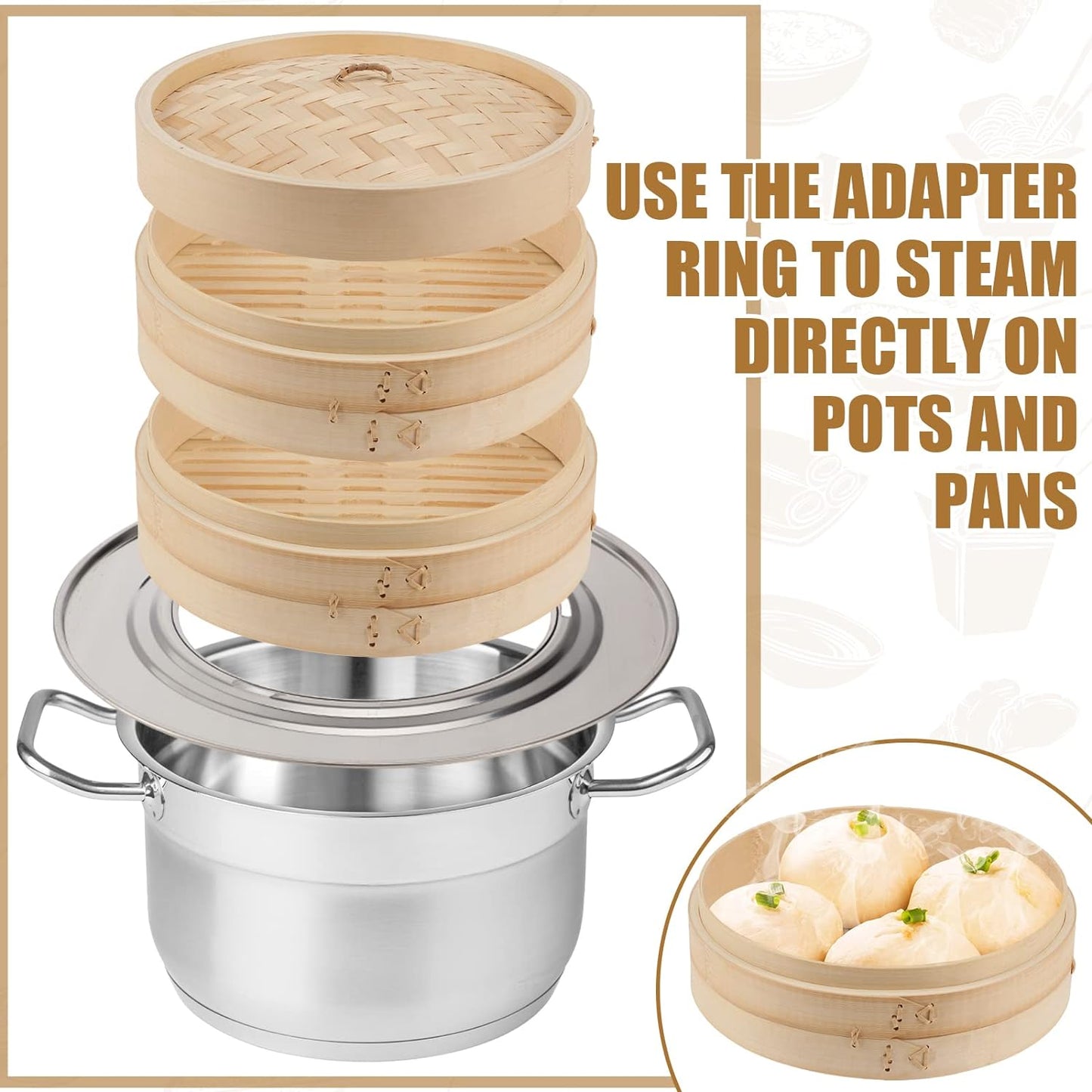 Tessco for you 59 Pcs 2 Tier 12 Inch Bamboo Steamer Basket Set Including Bamboo Steamer Stainless Steel Ring Dumpling Maker Mold and Cutter Spoon 2 Pair Chopsticks 2 Sauce Dish 50 Paper Liners