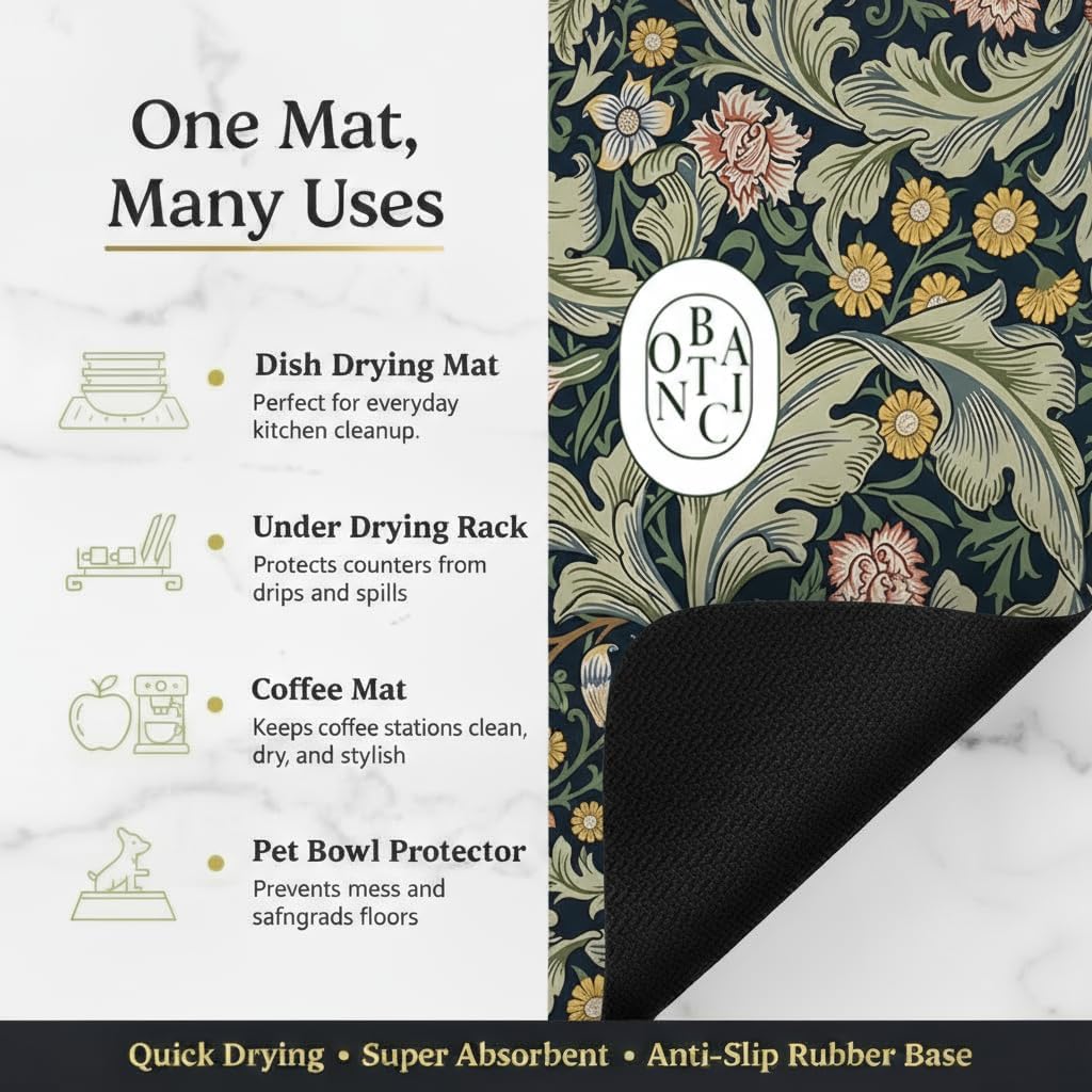 Dish Drying Mat Super Absorbent – 16" x 18" Coffee Mat for Countertops – Non-Slip Drying Mat for Kitchen Counter – Easy to Clean Water Absorbent Mat – Quick Dry Dish Mats (Green Flowers)