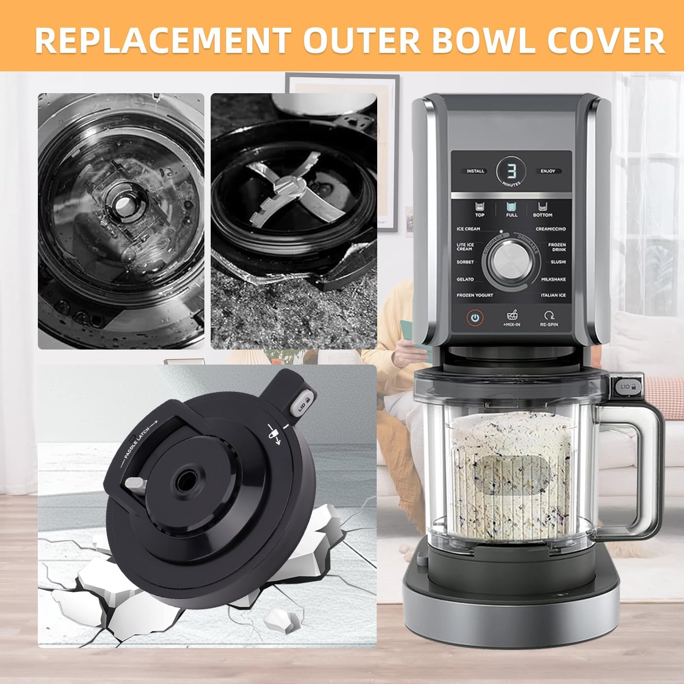 Outer Bowl Lid for Ninja NC501 Ice Cream Maker - Compatible with NC500/NC501/Series(NO Paddle) Ninja Creami Replacement Parts