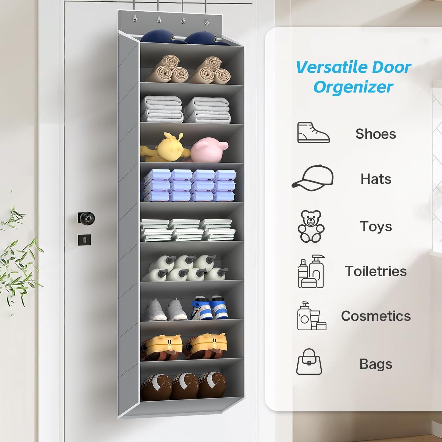 REGELETO 10 Tiers Large Size Over Door Shoe Organizer Storage, Hanging Shoe Rack for Door with Deep Pockets, Fit 20-30 Pairs Shoe Organizer Holder for Sneakers and Boots (Grey)