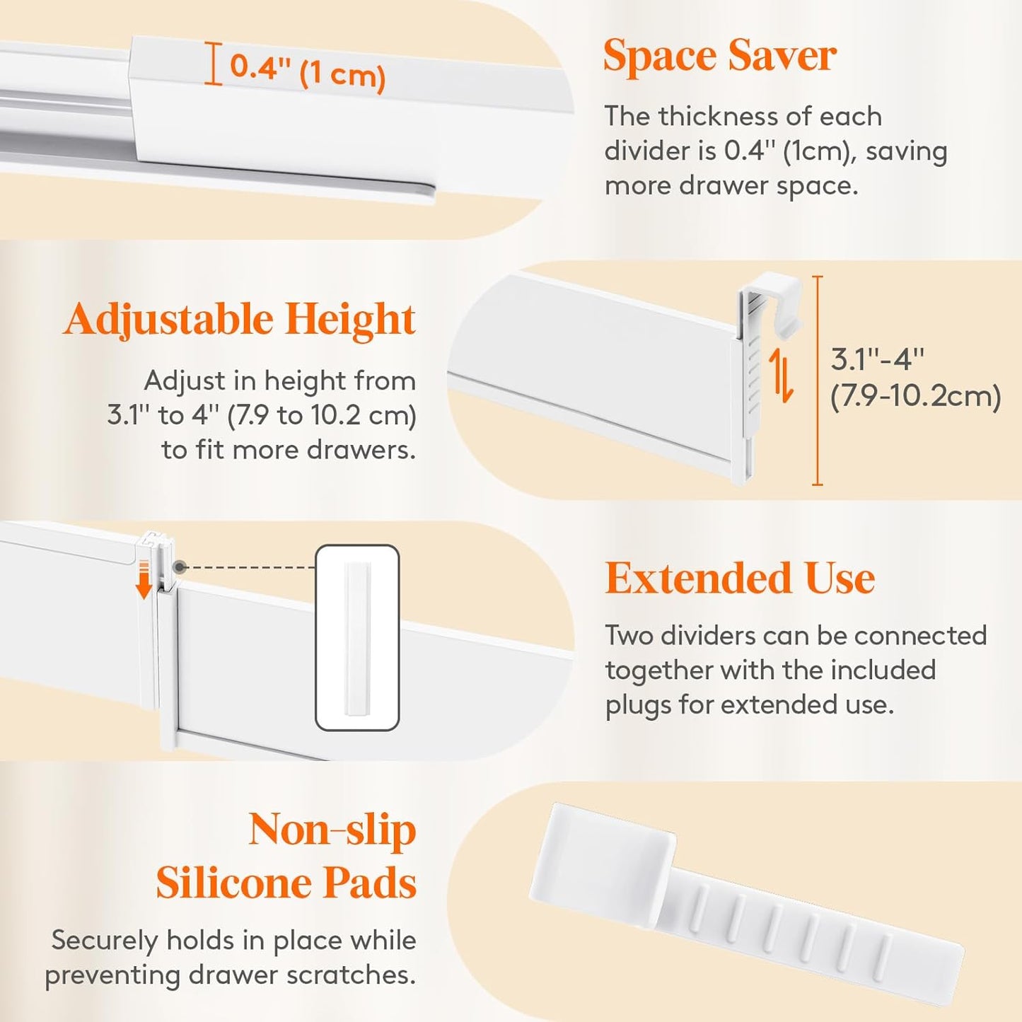 Lifewit Hanging Kitchen Drawer Dividers 3.1" High, 10-17" Adjustable Drawer Organizers for Utensils, Expandable Dresser Separators in Kitchen/Bedroom/Bathroom/Vanity/Office, White(6 Pack)