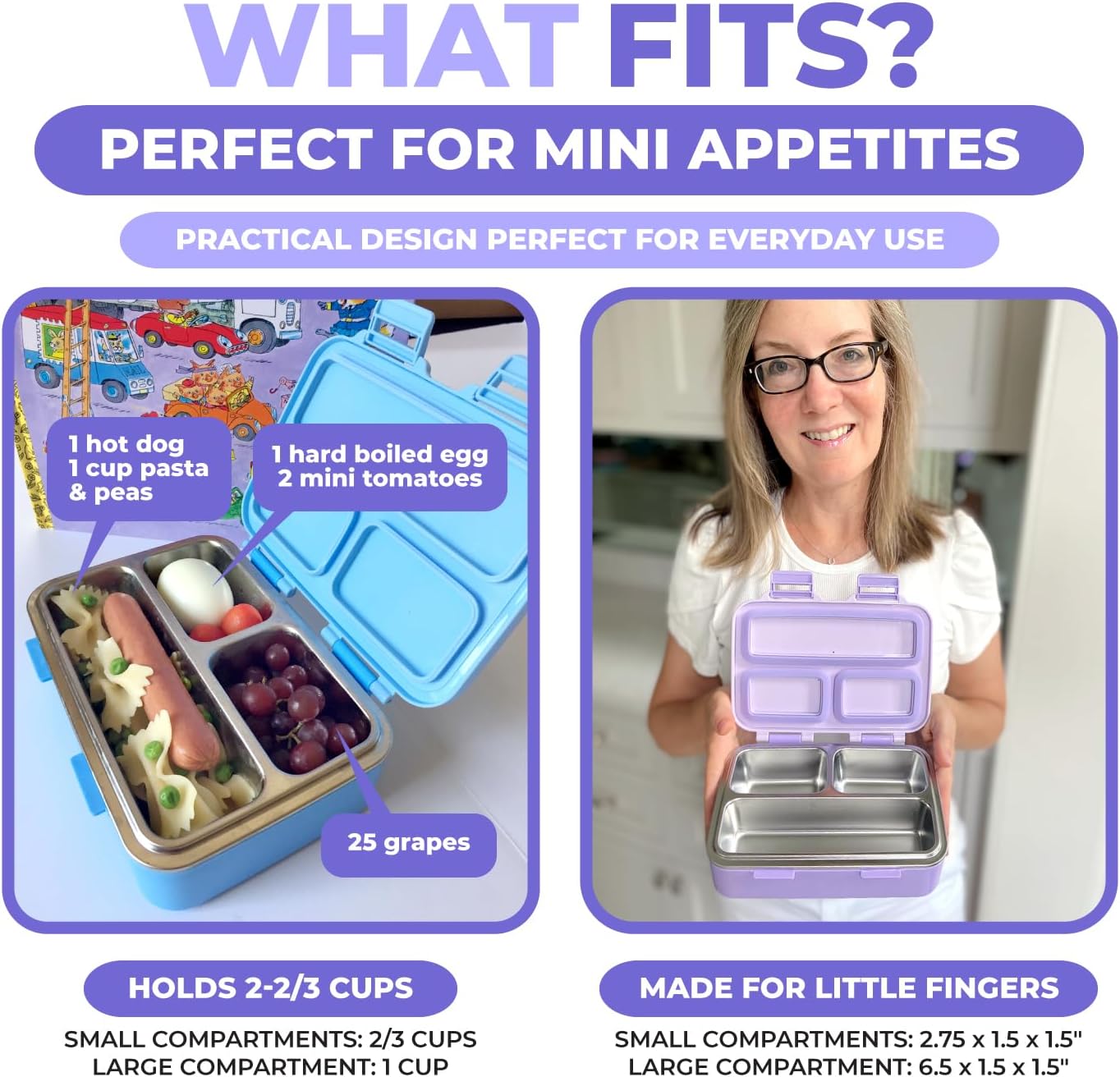 Small Stainless Steel Lunch Box for Baby Toddlers Girls, Mini Bento, 3 Eco Metal Portion Sections Leakproof Lid, Pre-School Daycare Lunches, Toddler Spill-Proof Snack Container, 18 oz/550 mL Purple