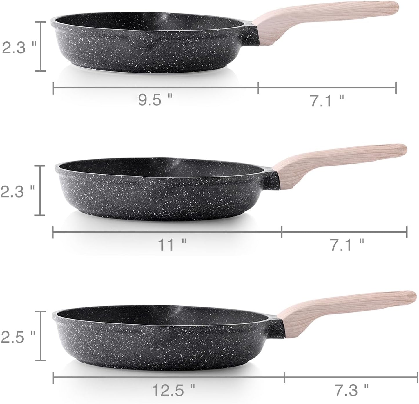 Nonstick Frying Pan Set, 3 Piece Skillet Set, Healthy Induction Cookware Cooking Pan, Stay-Cool Handle, Compatible with All Stovetops, PFOA Free (9.5, 11, 12.5 Inch)