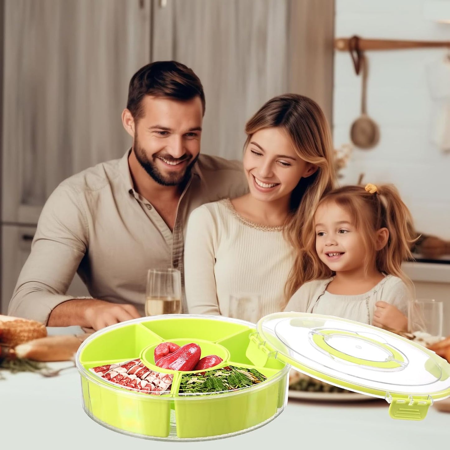 Rotating Serving Tray with Lid, 8-Section Divided Container, Portable Snack Organizer for Fruits, Candy, Nuts, Vegetables, Party Platter