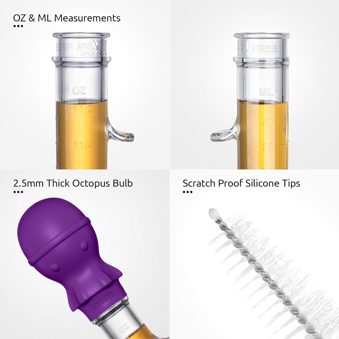 U-Taste 1.5oz Angled Turkey Baster - 228.2ºF Heat Resistant Food Grade Tritan and Silicone Large Octopus Bulb Baster Set with Cleaning Brush for Cooking Basting Meat Poultry Beef Chicken (Purple)