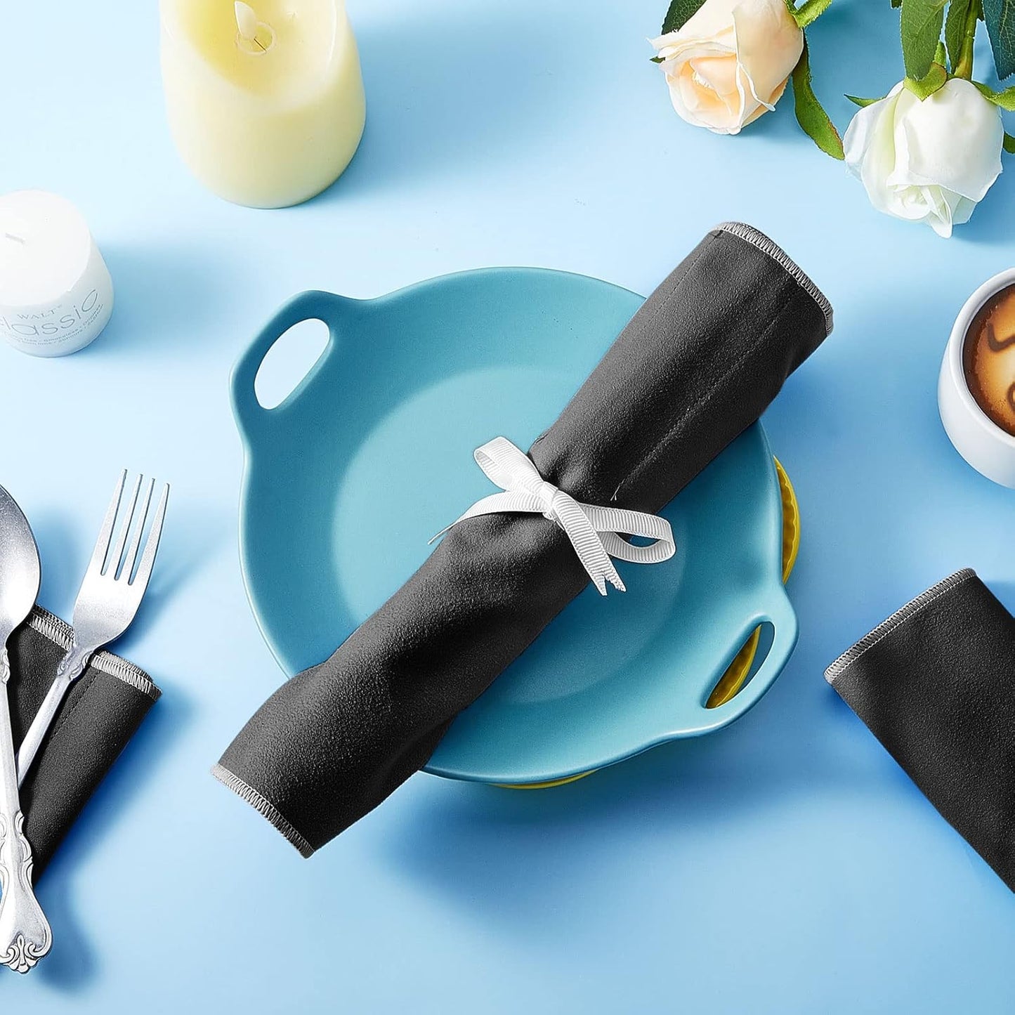 Hillban 12 Pcs Anti Tarnish Silver Storage Bags Silver Storage Cloth Felt Flatware Organizer Anti Tarnish Protector Bags Place Setting Roll with White Ribbon for Kitchen Cutlery Utensils (Black)