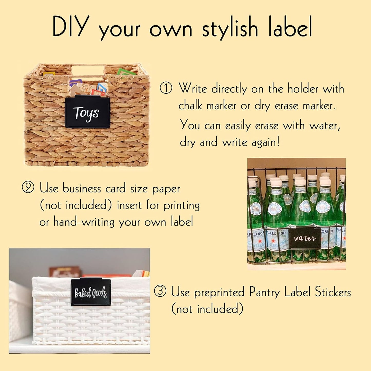 8 Pack Metal Pantry Baskets Labels Clip On for Storage Bins with 2 White Chalk Markers, Organization and Storage Baskets Labels Clips, Kitchen Bins Tag Chalkboard Labels for Baskets