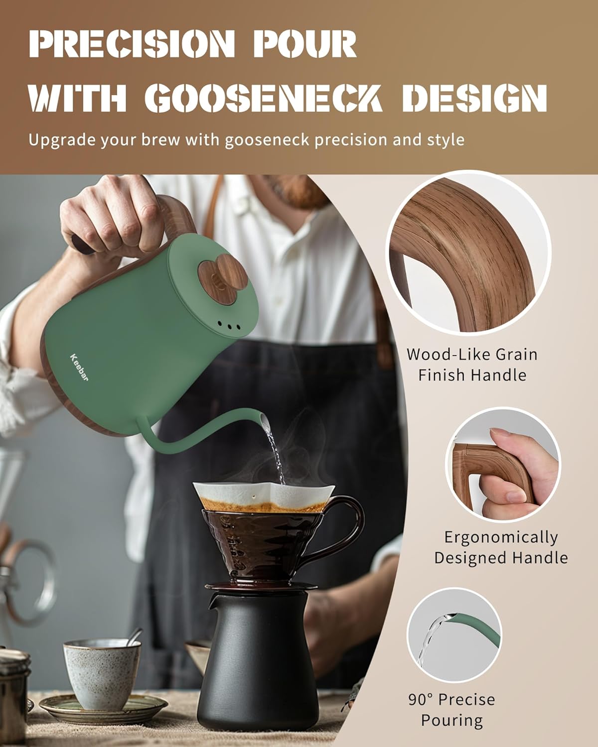 Electric Kettle, 1000W Quick Heating Gooseneck Kettles, 0.8L/27.05oz, 0.8mm Ultra-Fine Spout, Precise Water Flow Control, 304 Stainless Steel Inner, Auto Shut-Off, Boil Dry Protection, Matte Green