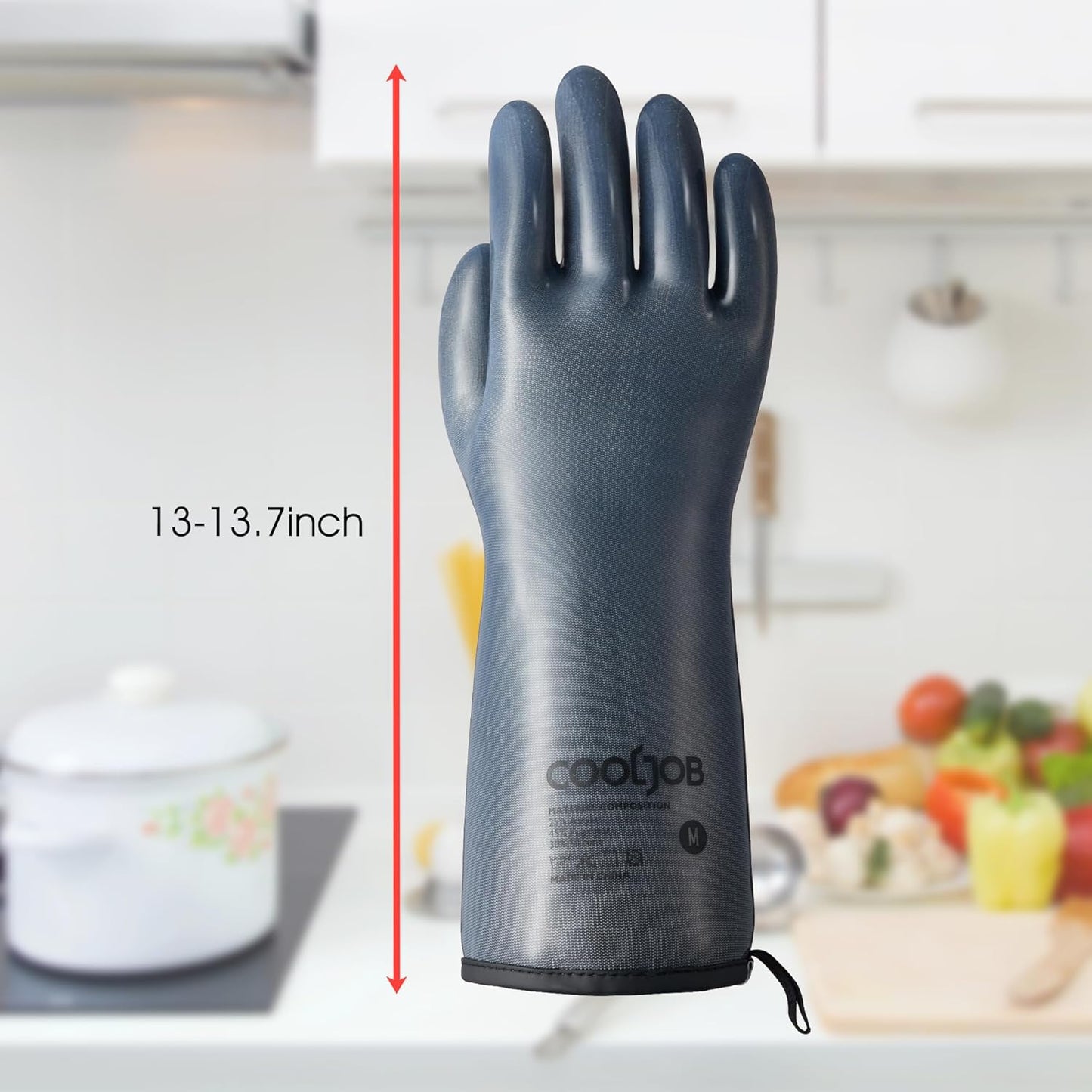 COOLJOB Heat Resistant Oven Gloves, Waterproof Liquid Silicone BBQ Grilling Gloves for Barbecue, Kitchen Cleaning, Baking, Food Contact, Black, Large