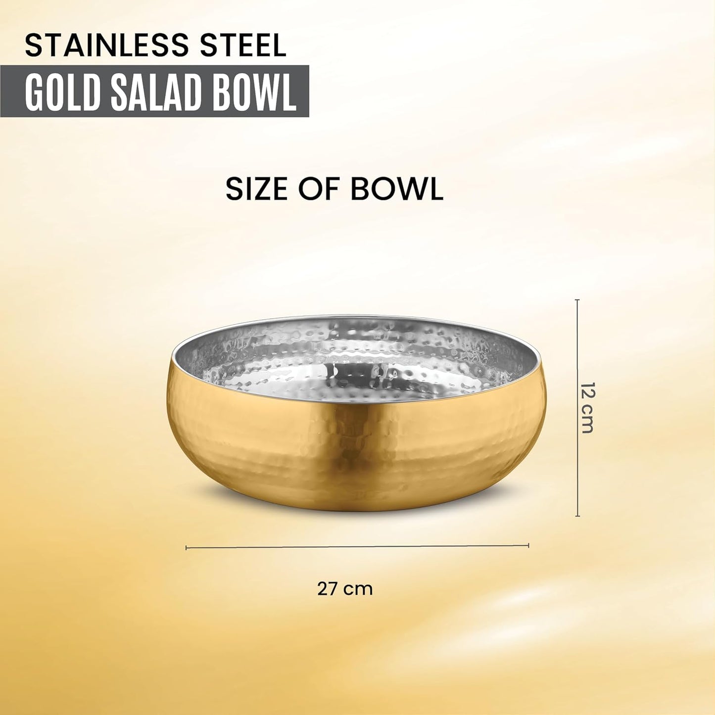 Avador® Set of 3 Premium Stainless Steel Salad Mixing Bowl Hammered Finish | Handmade | Includes Salad Serving Utensils (Gold Plated)